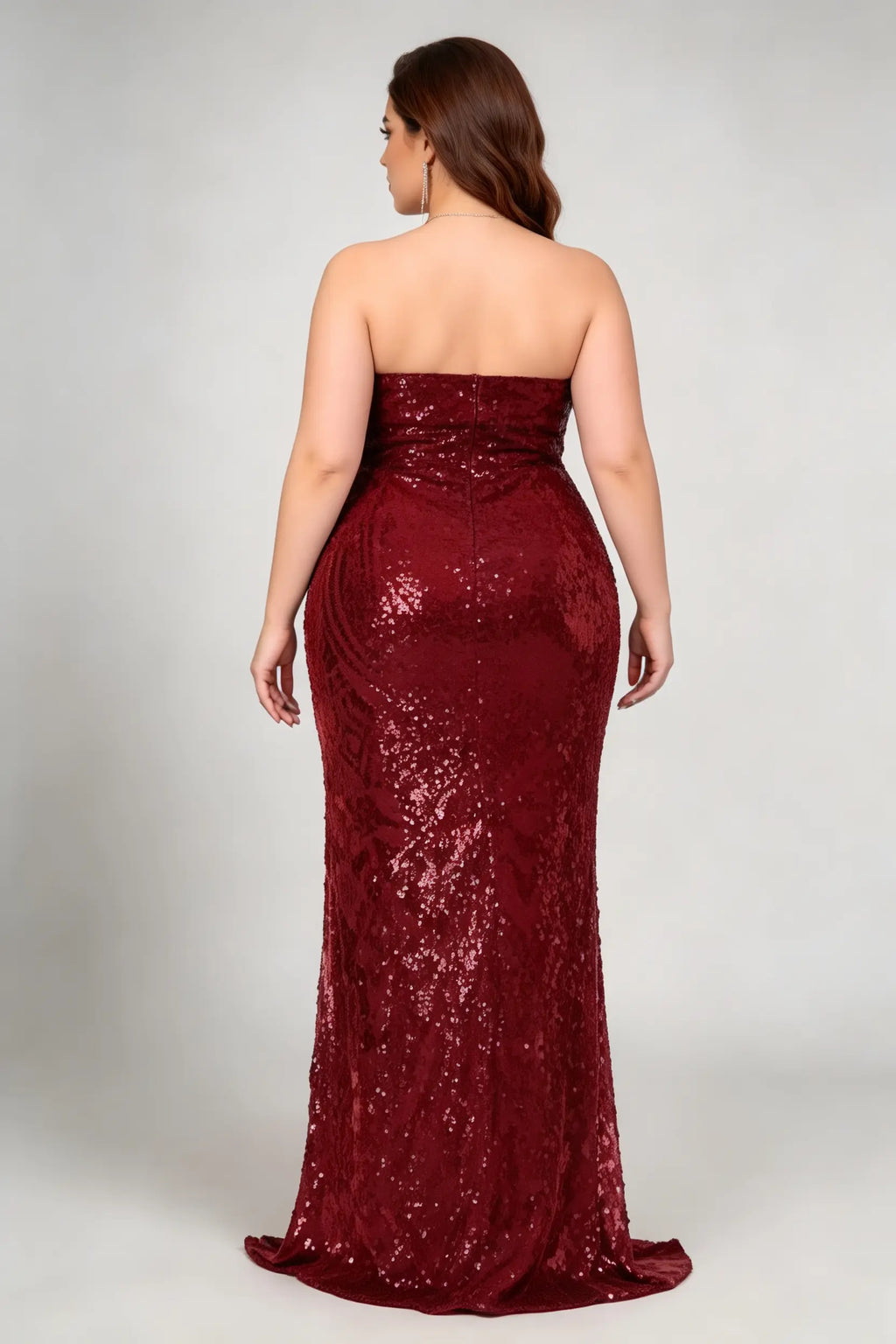 Plus Size Burgundy Strapless Sequined Mermaid Formal Evening Maxi Dress With Train