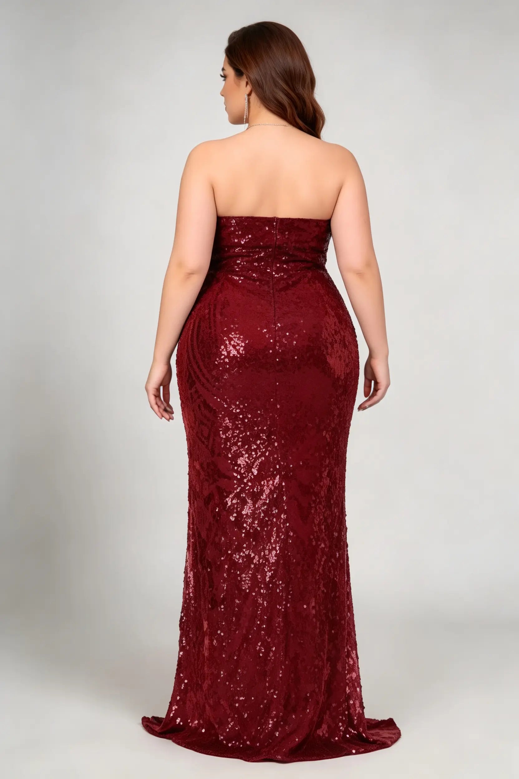 Plus Size Burgundy Strapless Sequined Mermaid Formal Evening Maxi Dress With Train