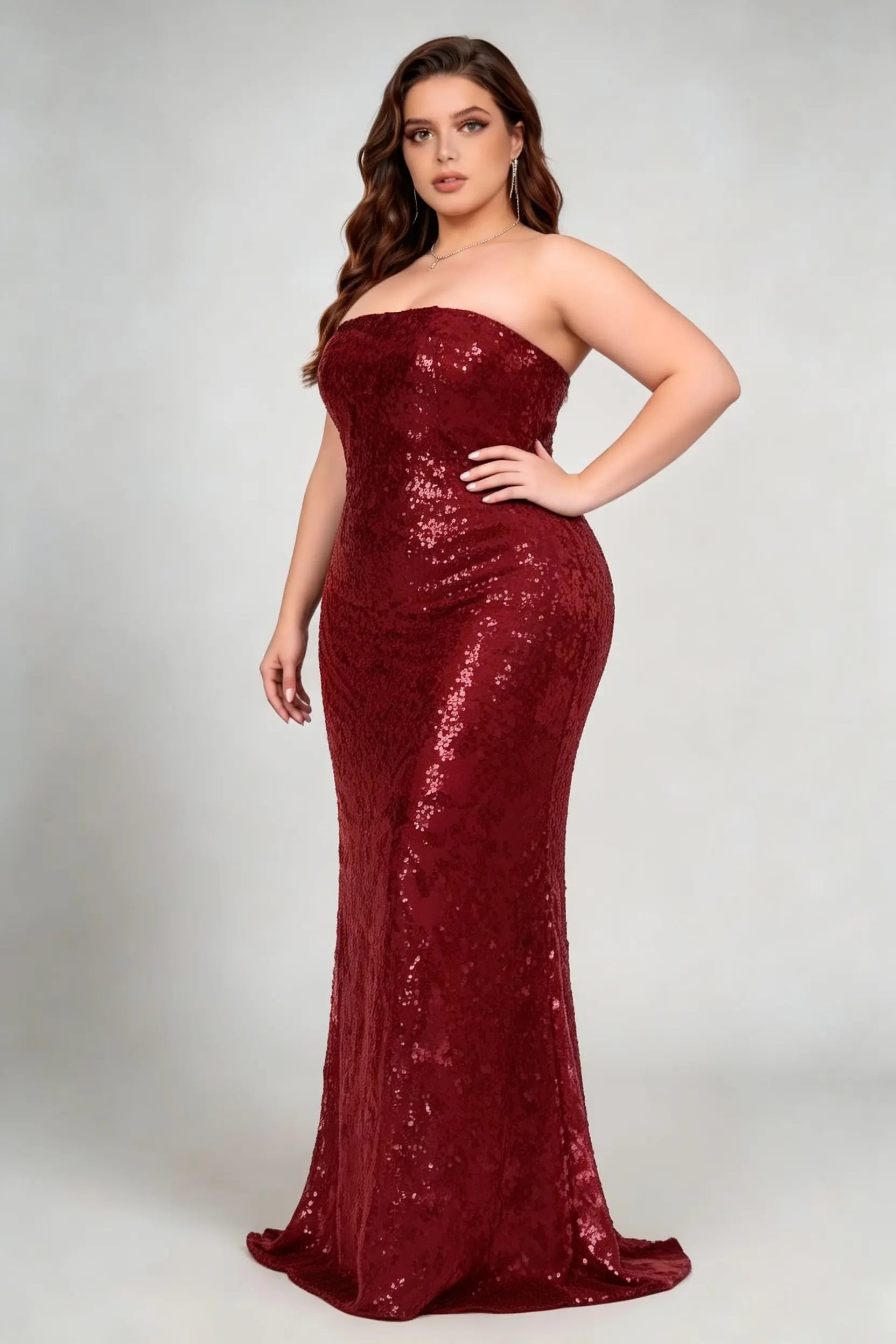 Plus Size Burgundy Strapless Sequined Mermaid Formal Evening Maxi Dress With Train