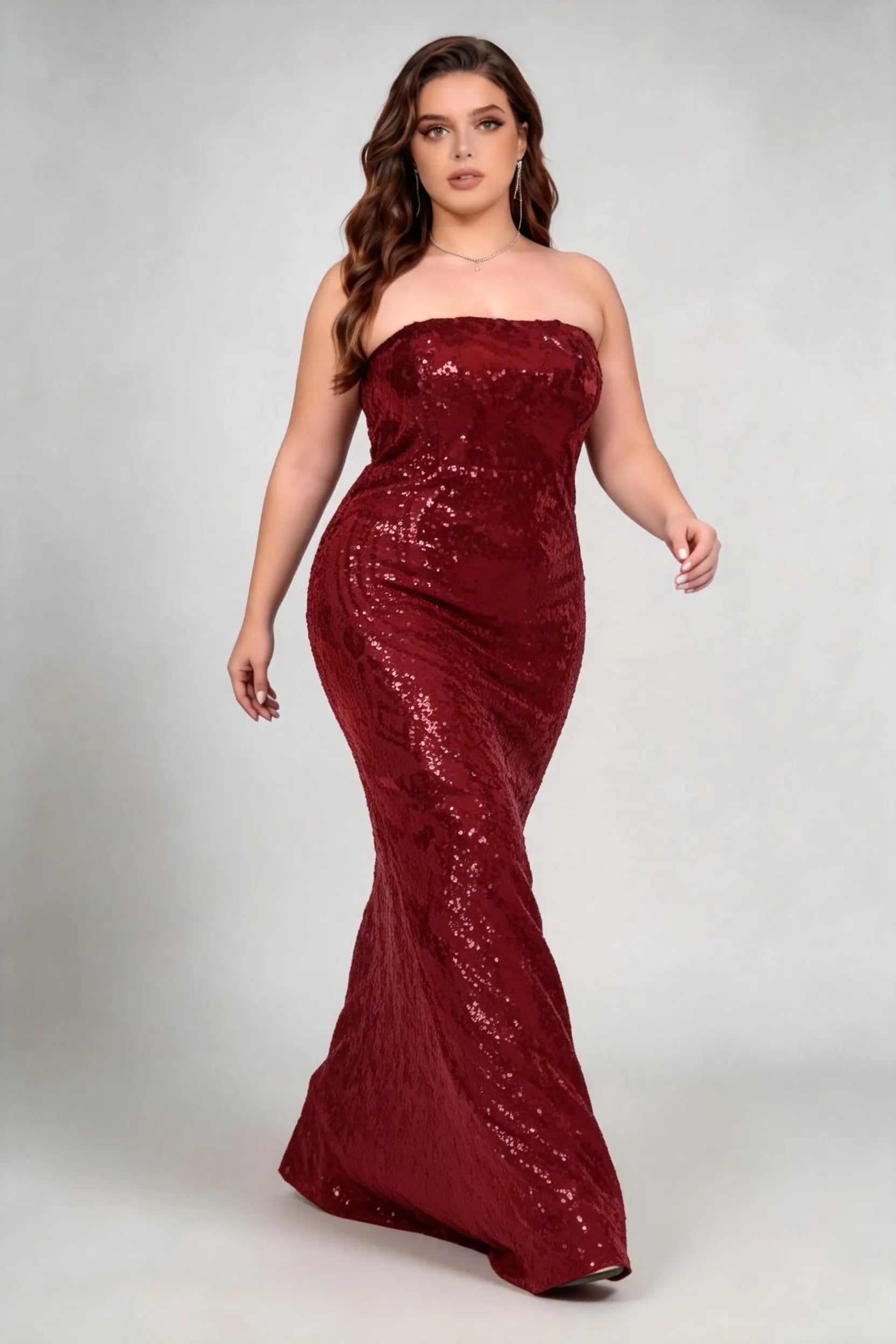 Plus Size Burgundy Strapless Sequined Mermaid Formal Evening Maxi Dress With Train