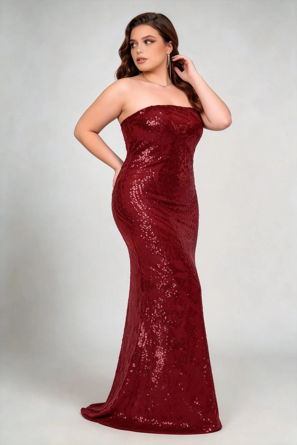 Plus Size Burgundy Strapless Sequined Mermaid Formal Evening Maxi Dress With Train