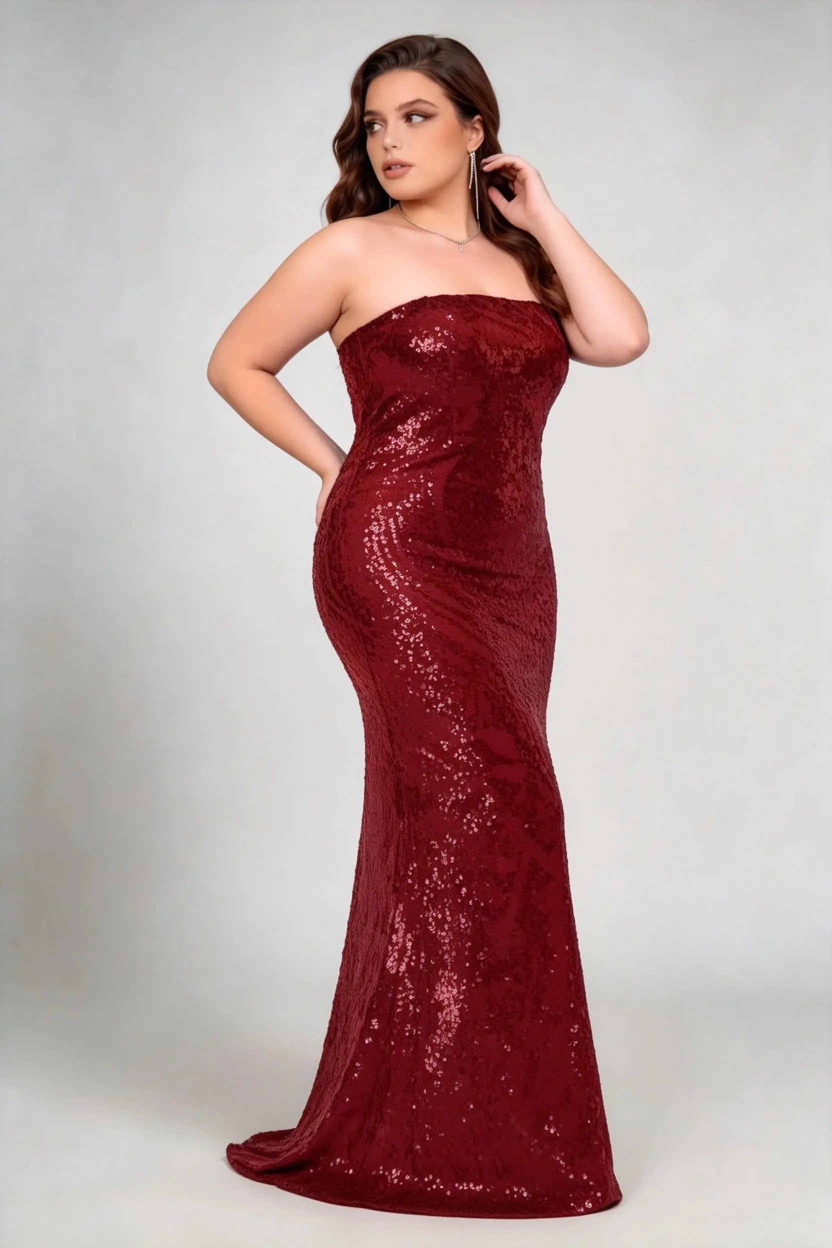 Plus Size Burgundy Strapless Sequined Mermaid Formal Evening Maxi Dress With Train