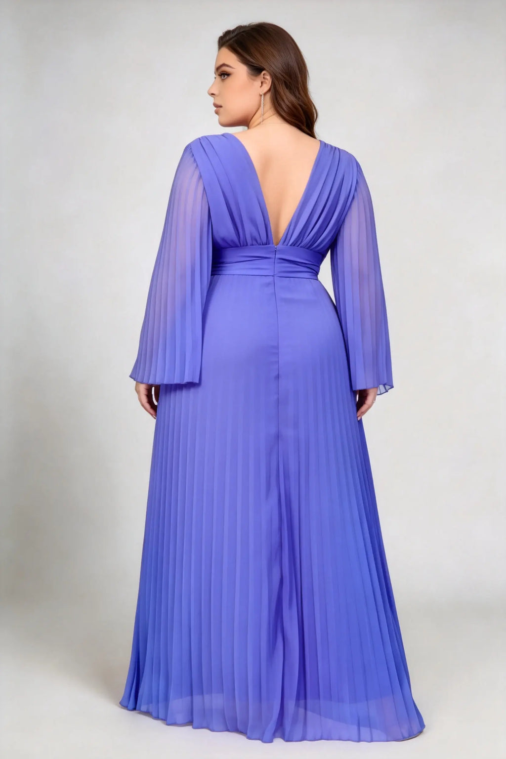 Plus Size Blue Deep V-Neck Pleated Chiffon Flared Long Sleeve A-Line Evening Maxi Dress