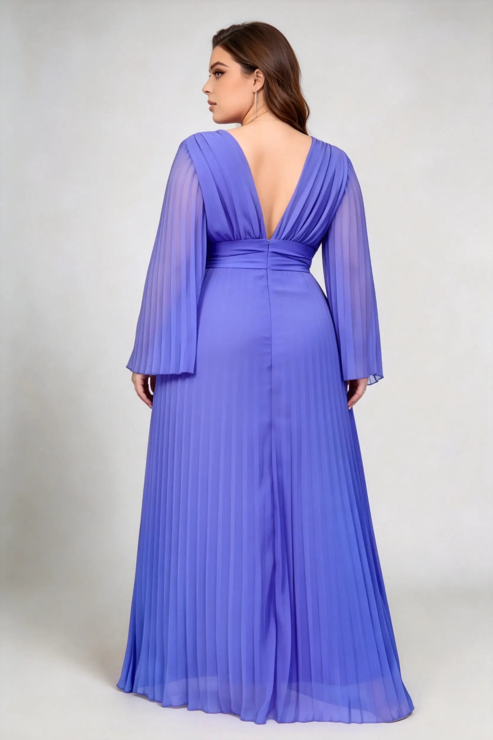 Plus Size Blue Deep V-Neck Pleated Chiffon Flared Long Sleeve A-Line Evening Maxi Dress