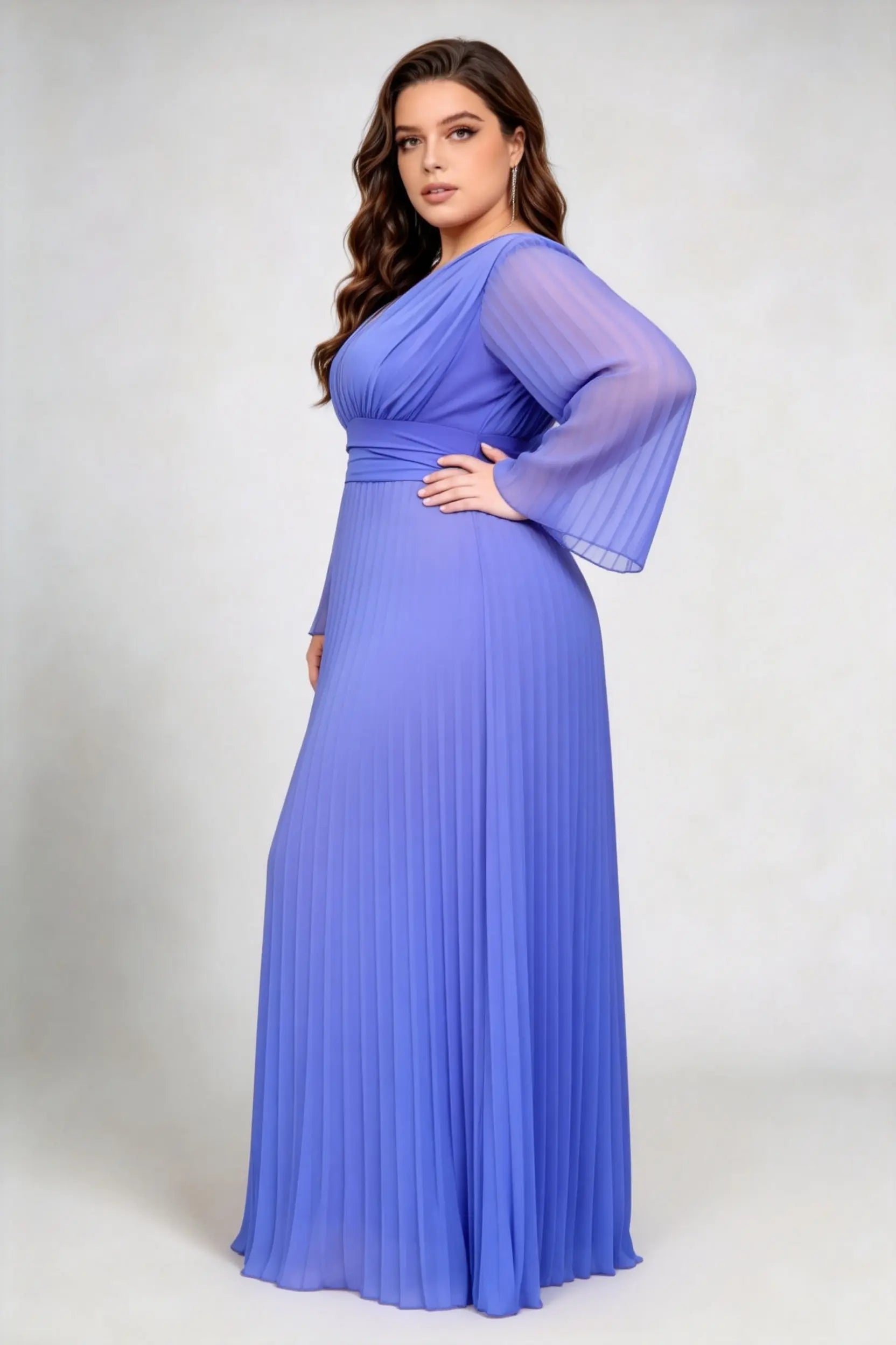 Plus Size Cornflower Blue Deep V-Neck Pleated Chiffon Flared Long Slee phoehua Plus Size Cornflower Blue Deep V-Neck Pleated Chiffon Flared Long Slee phoehua