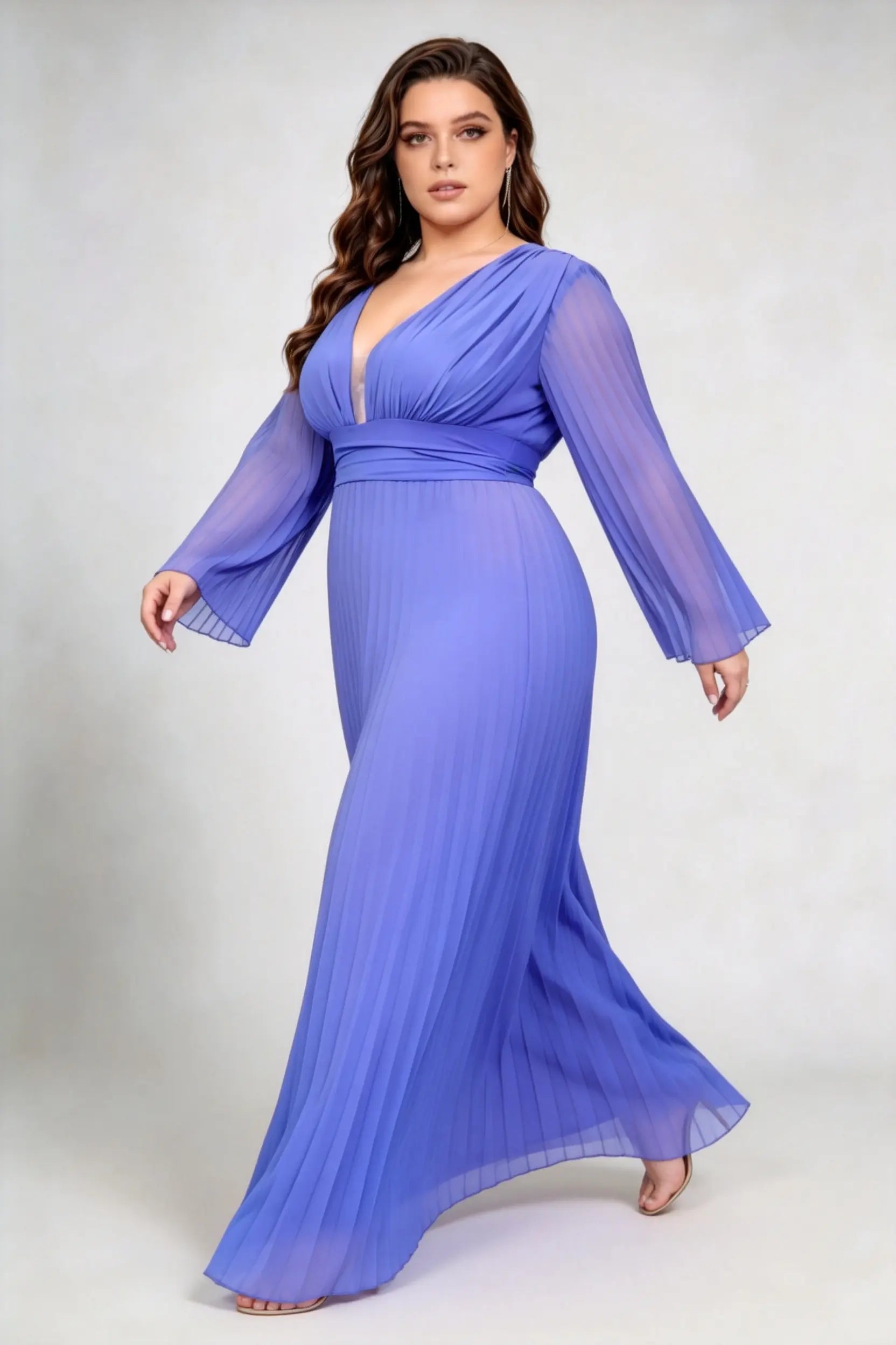 Plus Size Blue Deep V-Neck Pleated Chiffon Flared Long Sleeve A-Line Evening Maxi Dress
