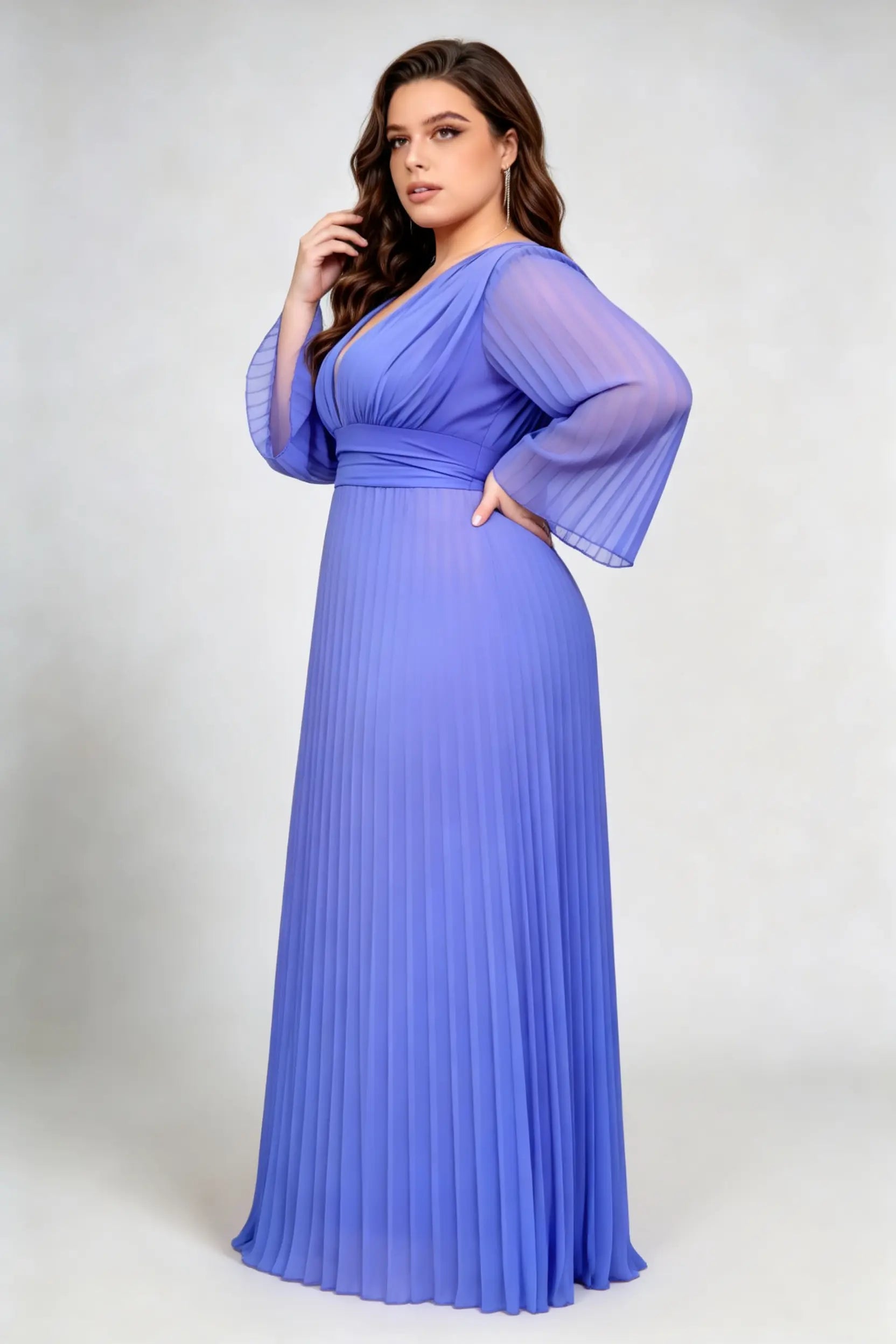 Plus Size Blue Deep V-Neck Pleated Chiffon Flared Long Sleeve A-Line Evening Maxi Dress