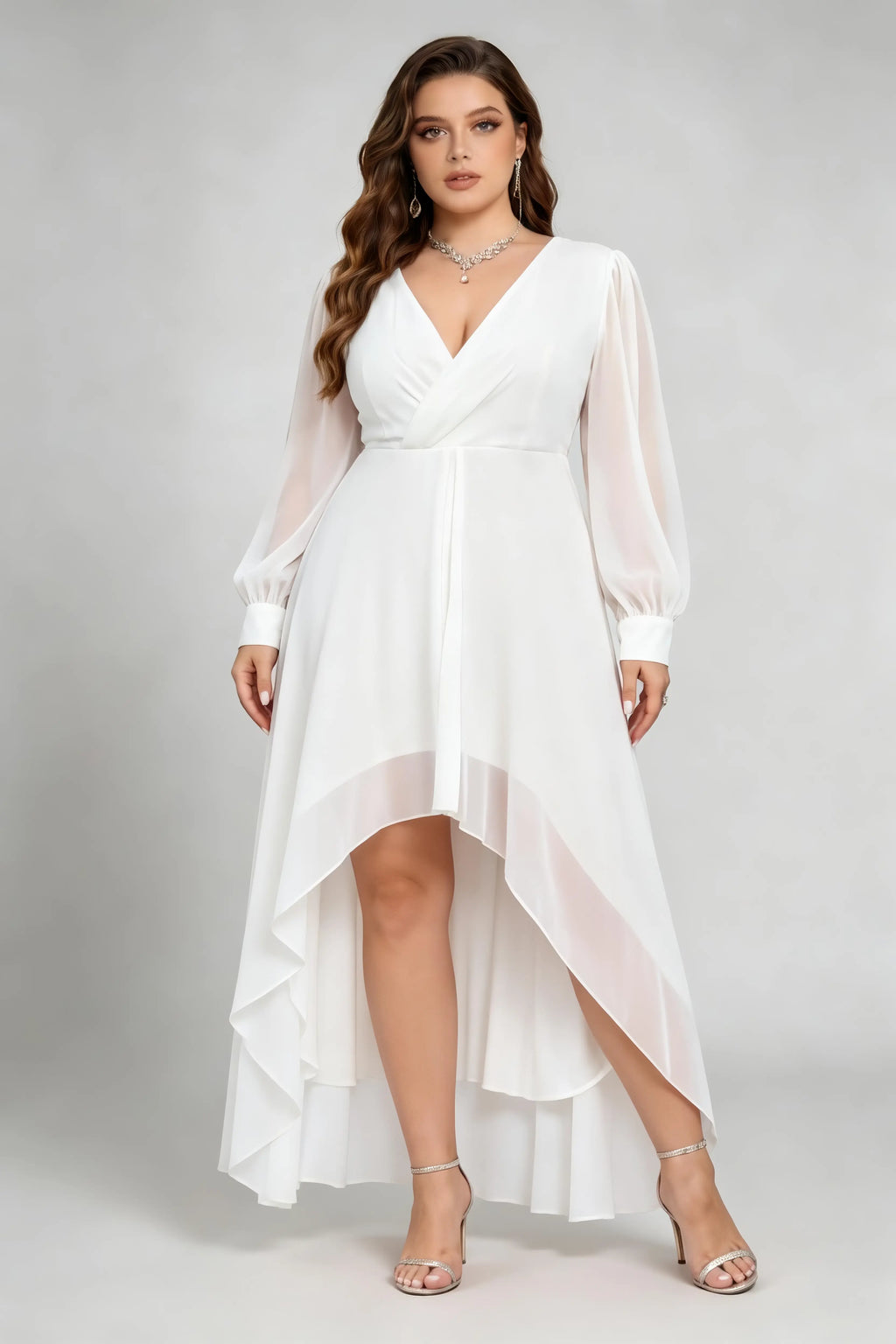 Plus Size White Surplice V-Neck Sheer Long Sleeve Asymmetrical High-Low Ruffle Hem Formal Dress