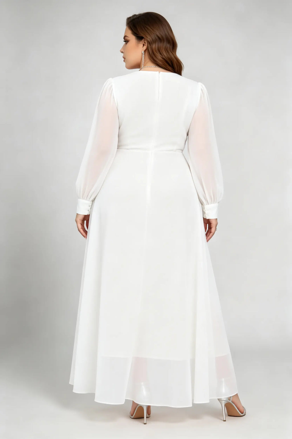 Plus Size White Surplice V-Neck Sheer Long Sleeve Asymmetrical High-Low Ruffle Hem Formal Dress