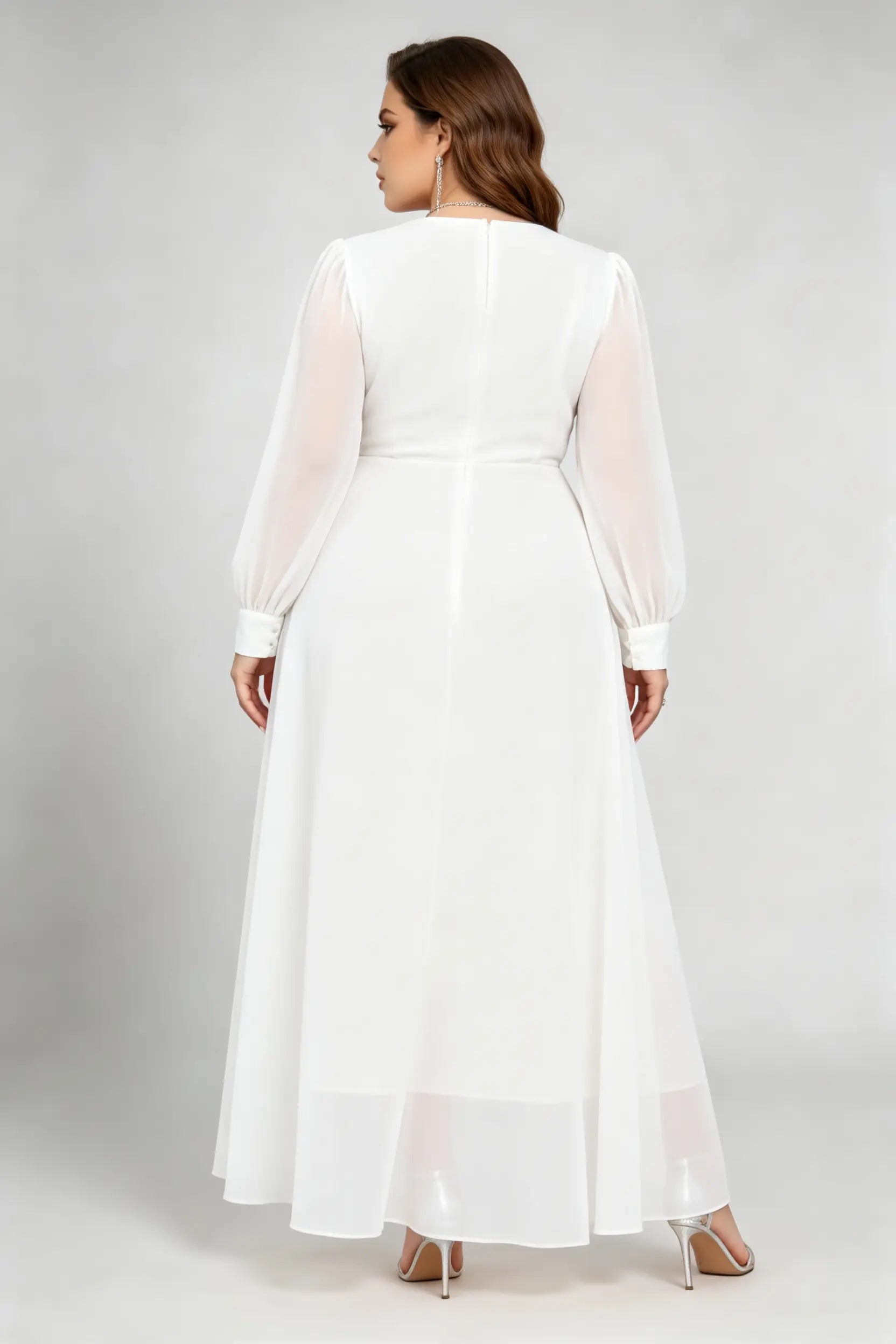 plus size white formal dresses Plus Size White Surplice V-Neck Sheer Long Sleeve Asymmetrical High-Low Ruffle Hem Formal Dress White / XL