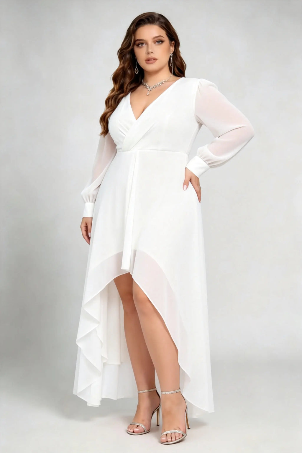Plus Size White Surplice V-Neck Sheer Long Sleeve Asymmetrical High-Low Ruffle Hem Formal Dress