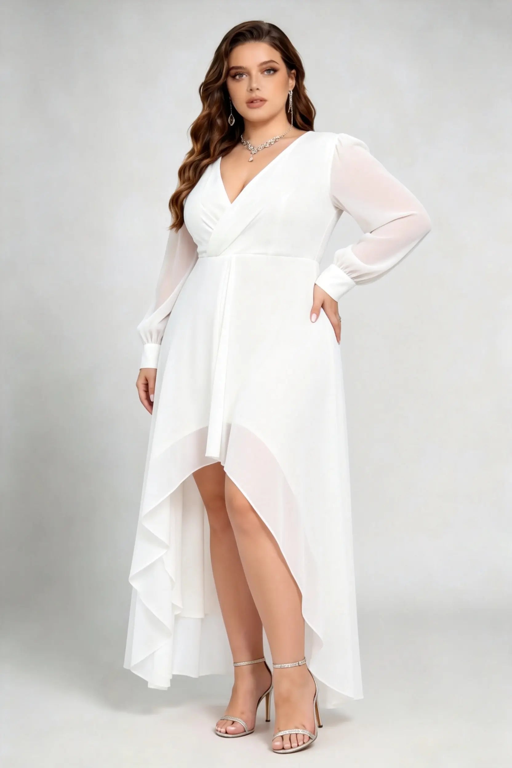 plus size white wrap dress Plus Size White Surplice V-Neck Sheer Long Sleeve Asymmetrical High-Low Ruffle Hem Formal Dress White / XL