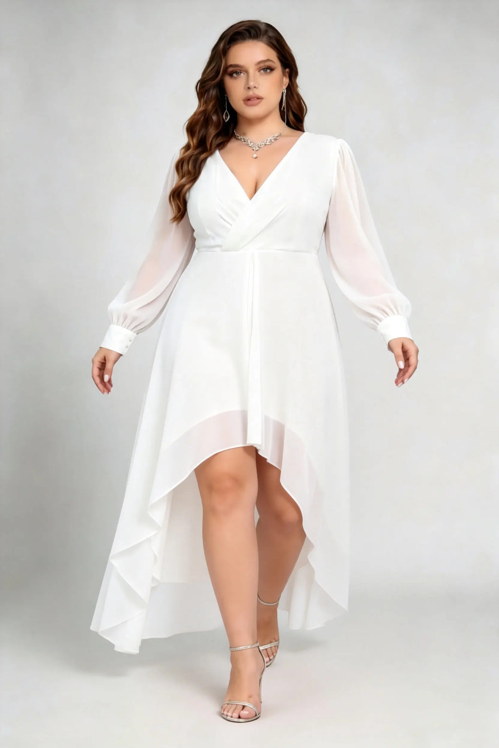 Plus Size White Surplice V-Neck Sheer Long Sleeve Asymmetrical High-Low Ruffle Hem Formal Dress