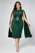 Plus Size Dark Green High Waist Cape Sleeve Rhinestone Buckle Belted Bodycon Midi Formal Dress
