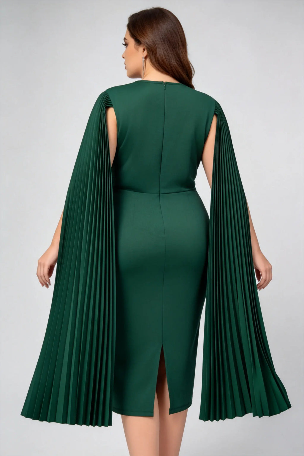 Plus Size Dark Green High Waist Cape Sleeve Rhinestone Buckle Belted Bodycon Midi Formal Dress