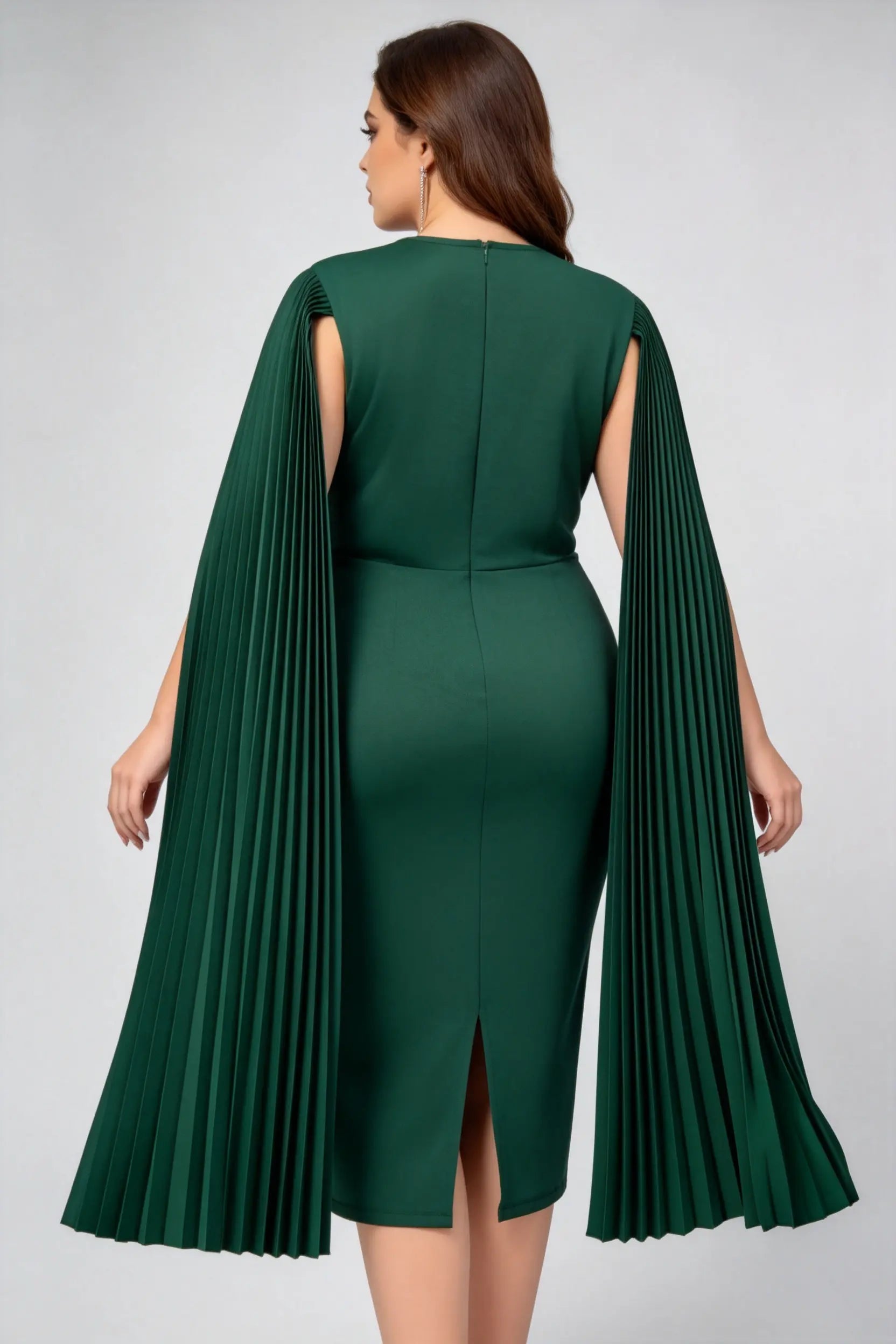 Plus Size Dark Green High Waist Cape Sleeve Rhinestone Buckle Belted Bodycon Midi Formal Dress