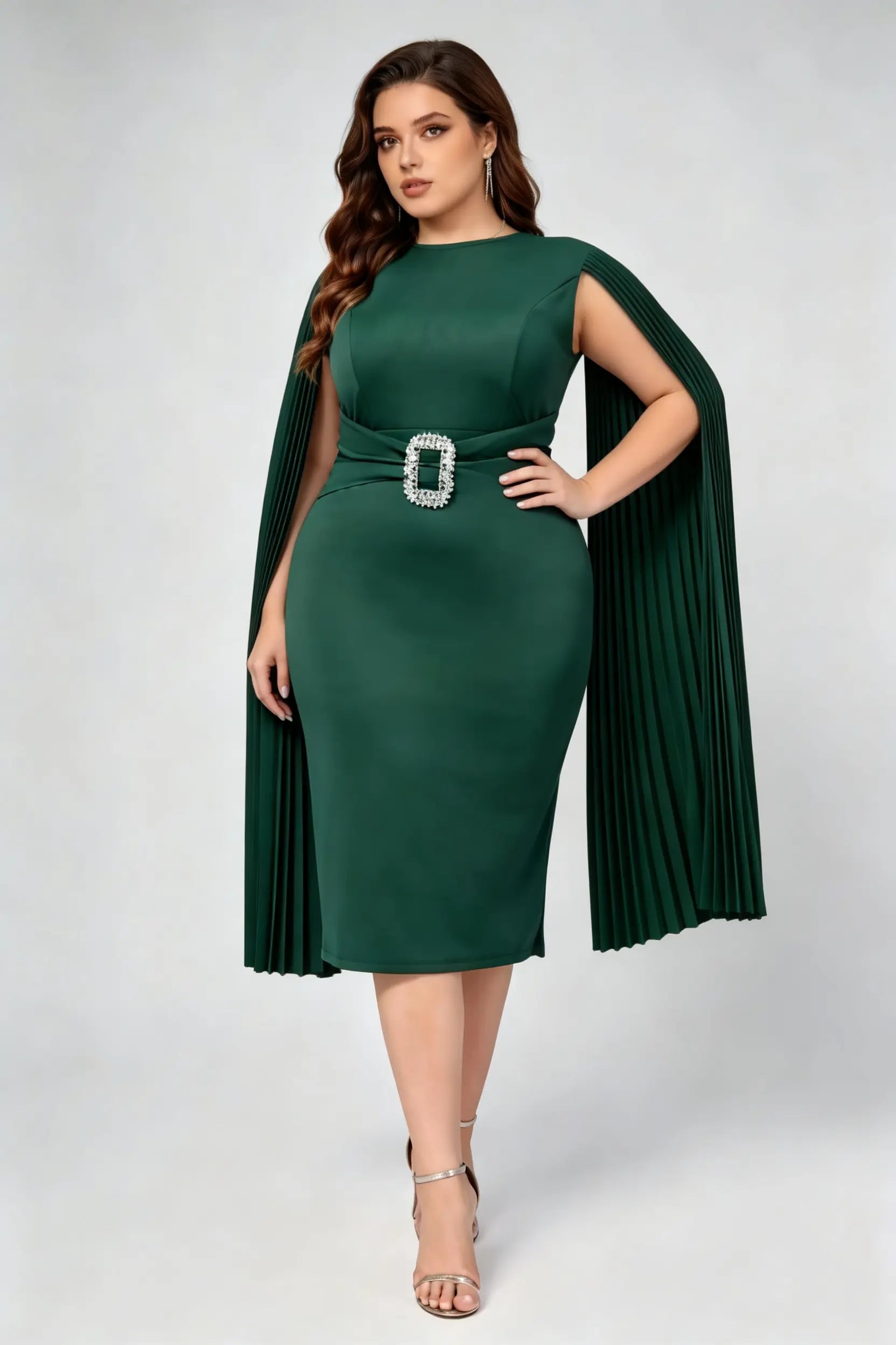 Plus Size Dark Green High Waist Cape Sleeve Rhinestone Buckle Belted Bodycon Midi Formal Dress