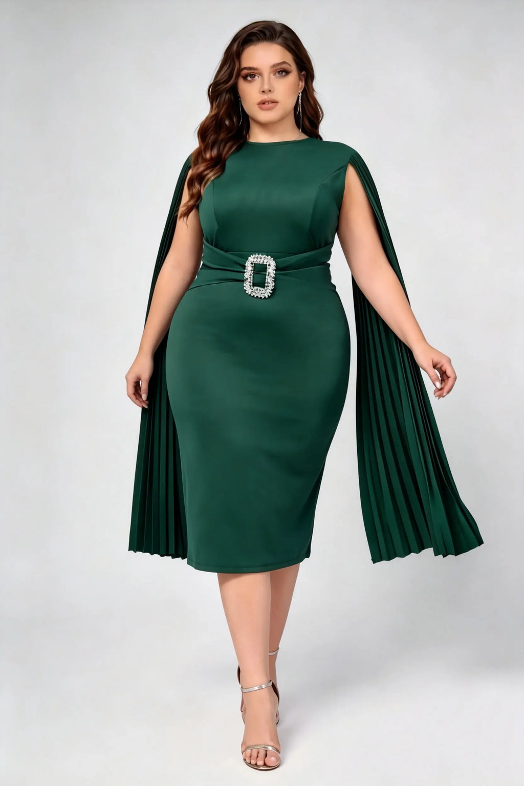 Plus Size Dark Green High Waist Cape Sleeve Rhinestone Buckle Belted Bodycon Midi Formal Dress