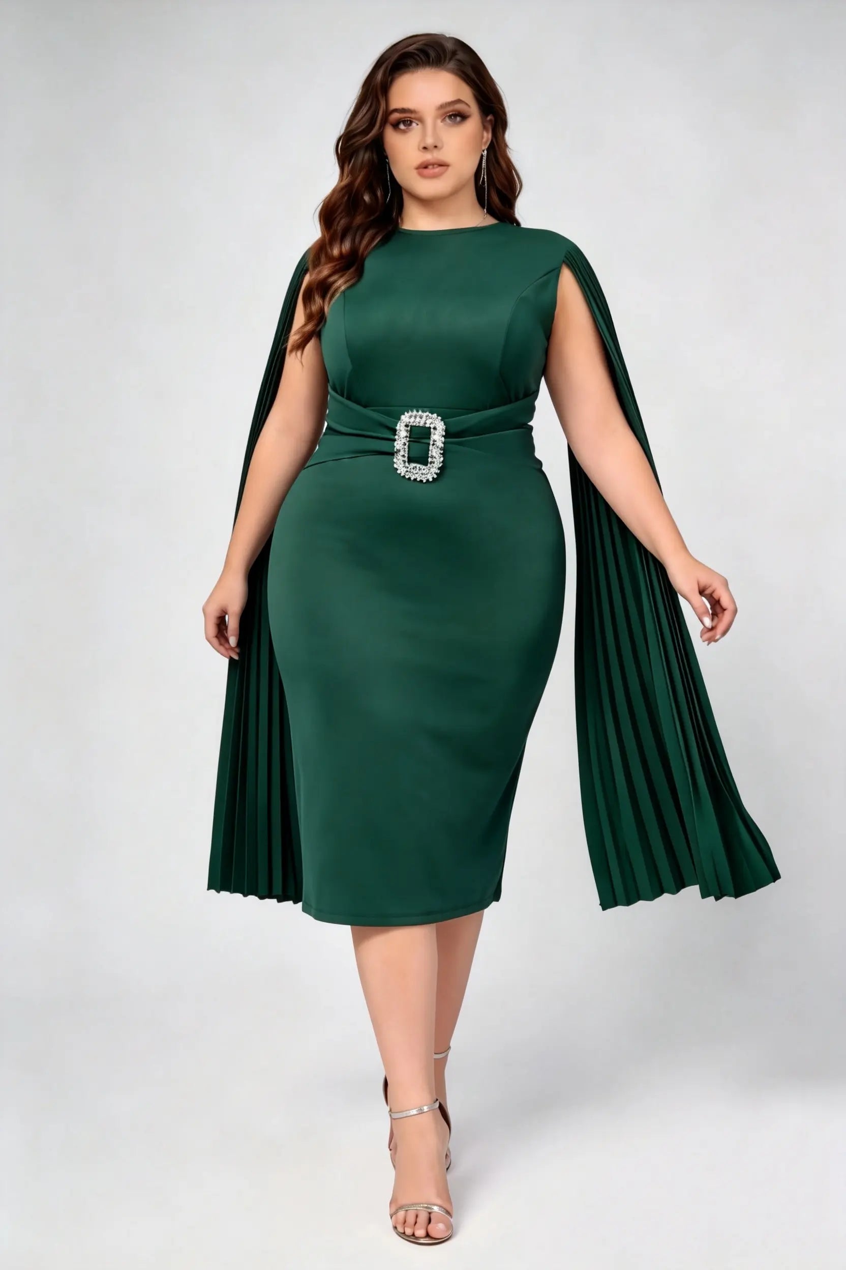 Plus Size Dark Green High Waist Cape Sleeve Rhinestone Buckle Belted Bodycon Midi Formal Dress