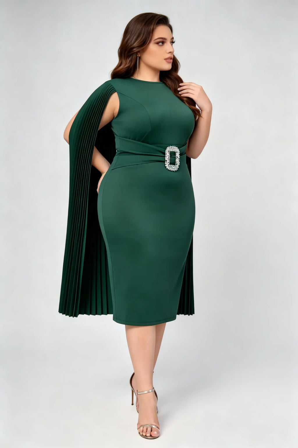 Plus Size Dark Green High Waist Cape Sleeve Rhinestone Buckle Belted Bodycon Midi Formal Dress