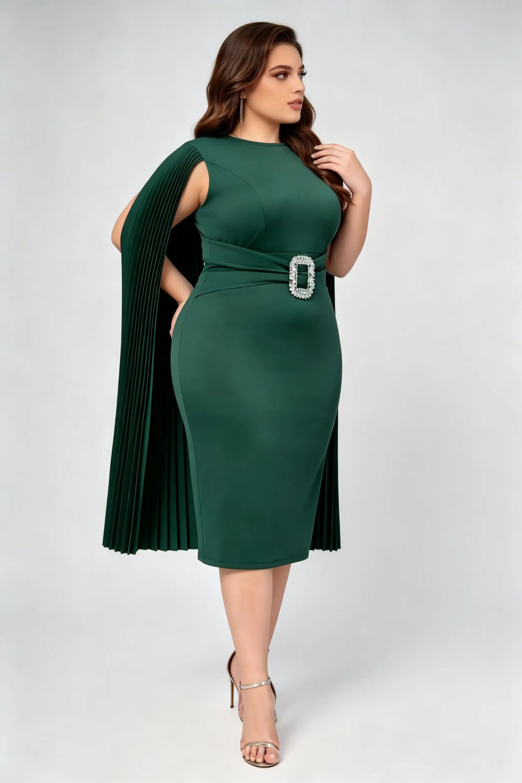 Plus Size Dark Green High Waist Cape Sleeve Rhinestone Buckle Belted Bodycon Midi Formal Dress