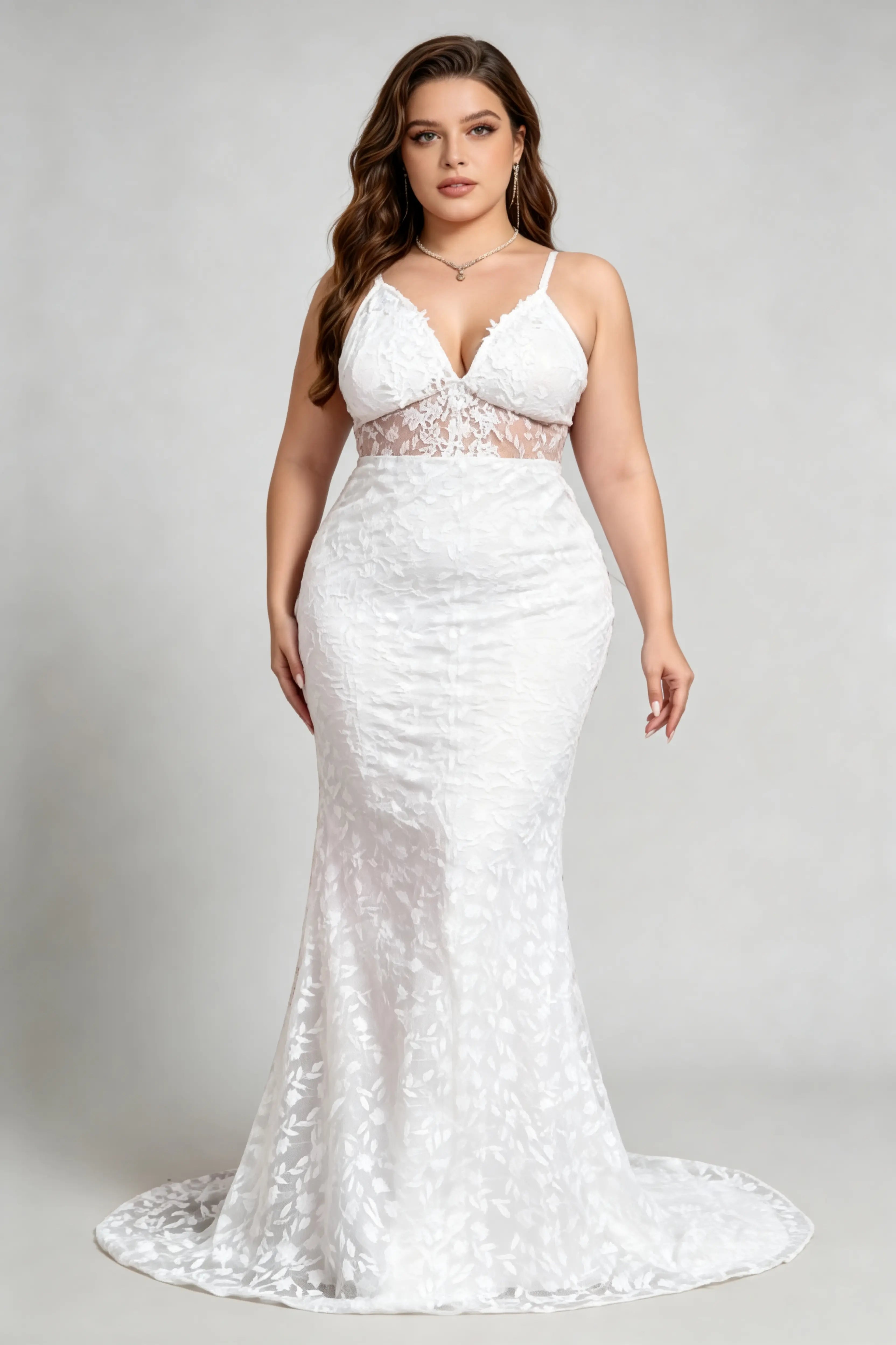Plus Size White Lace Deep V-Neck Spaghetti Strap Mermaid Wedding Dress With Small Train