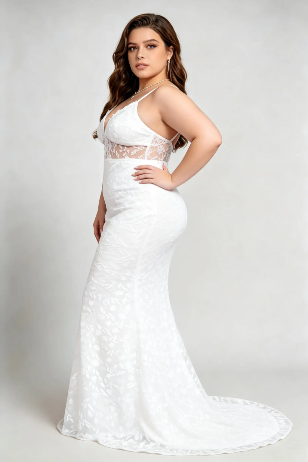 Plus Size White Lace Deep V-Neck Spaghetti Strap Mermaid Wedding Dress With Small Train