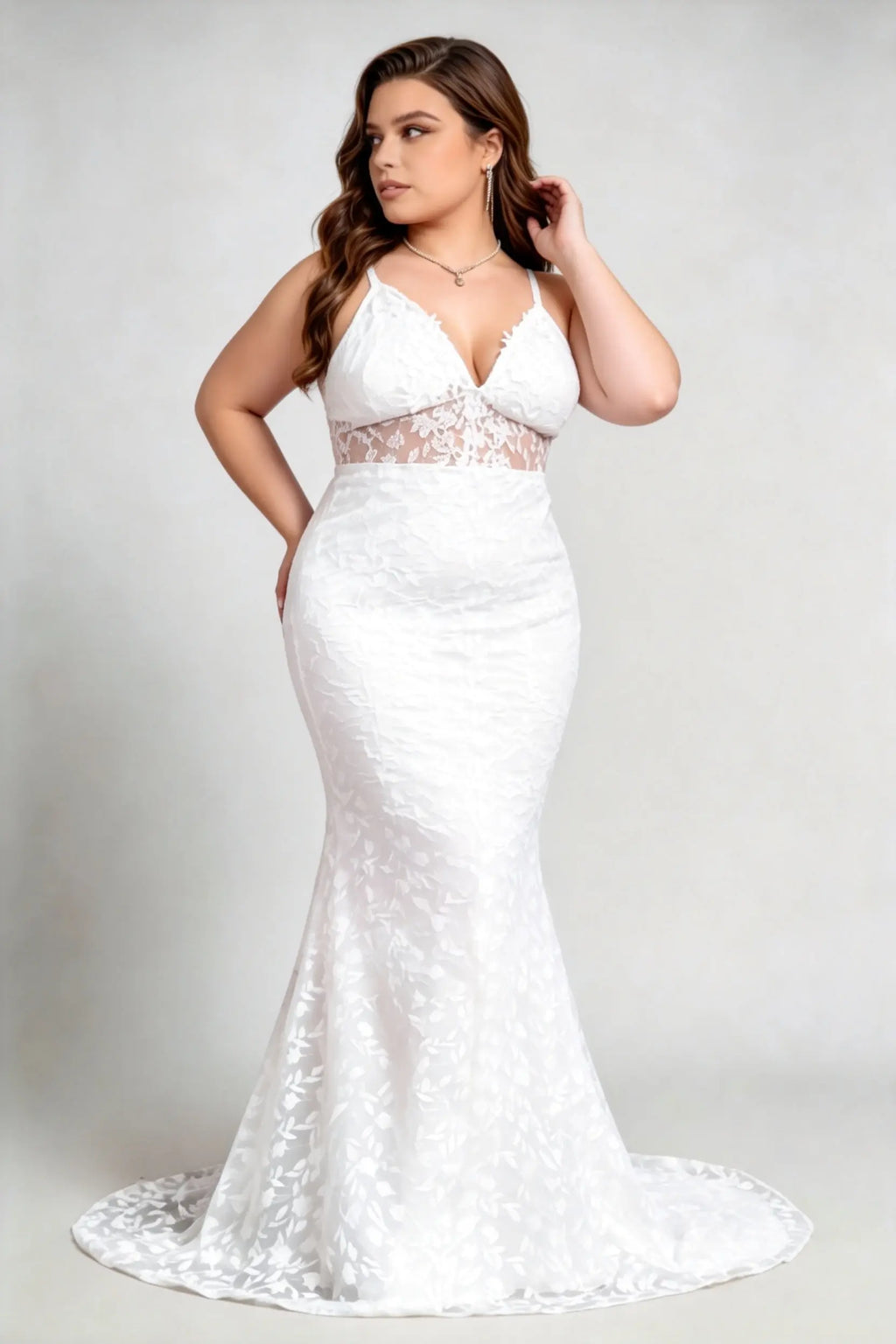 Plus Size White Lace Deep V-Neck Spaghetti Strap Mermaid Wedding Dress With Small Train