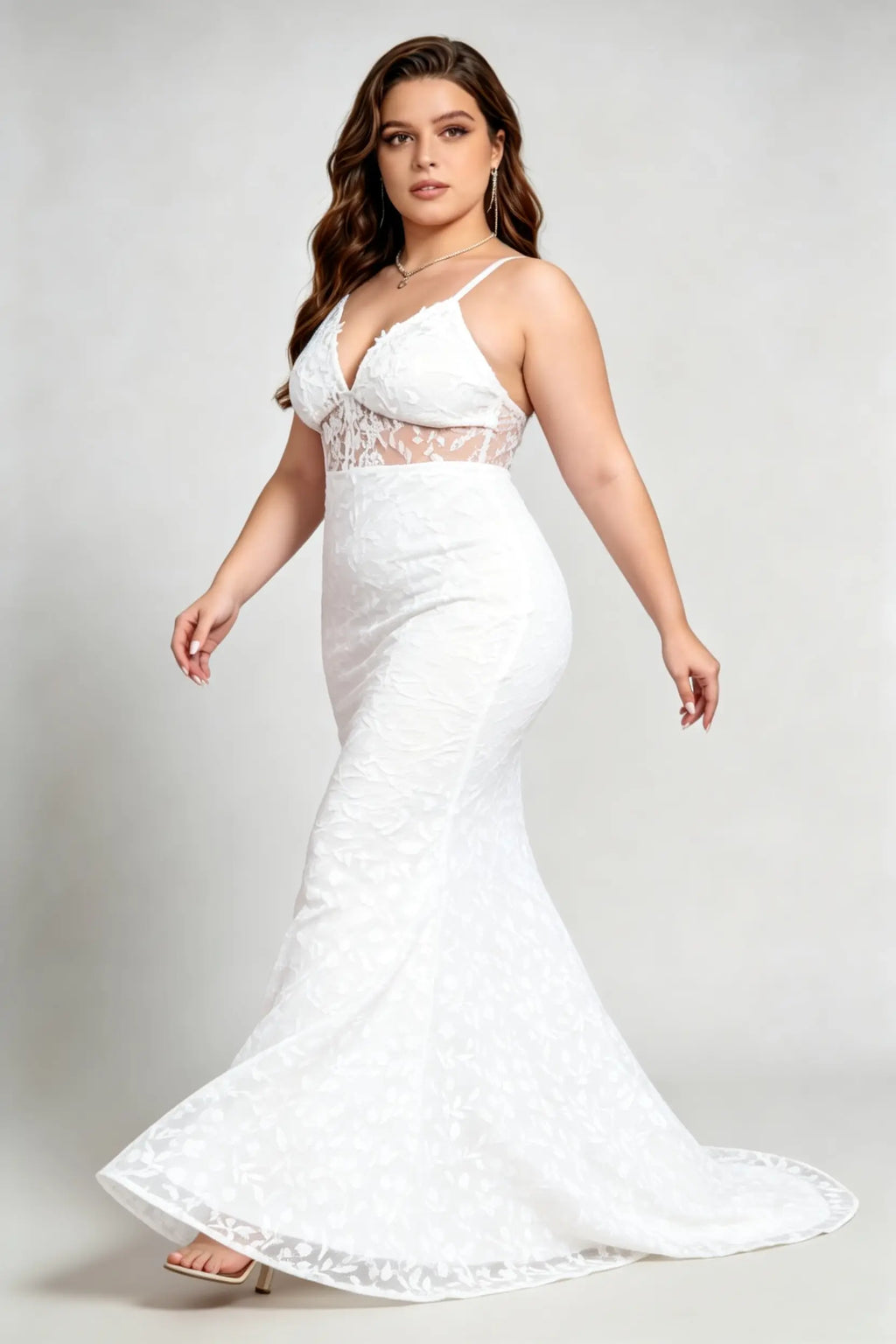 Plus Size White Lace Deep V-Neck Spaghetti Strap Mermaid Wedding Dress With Small Train