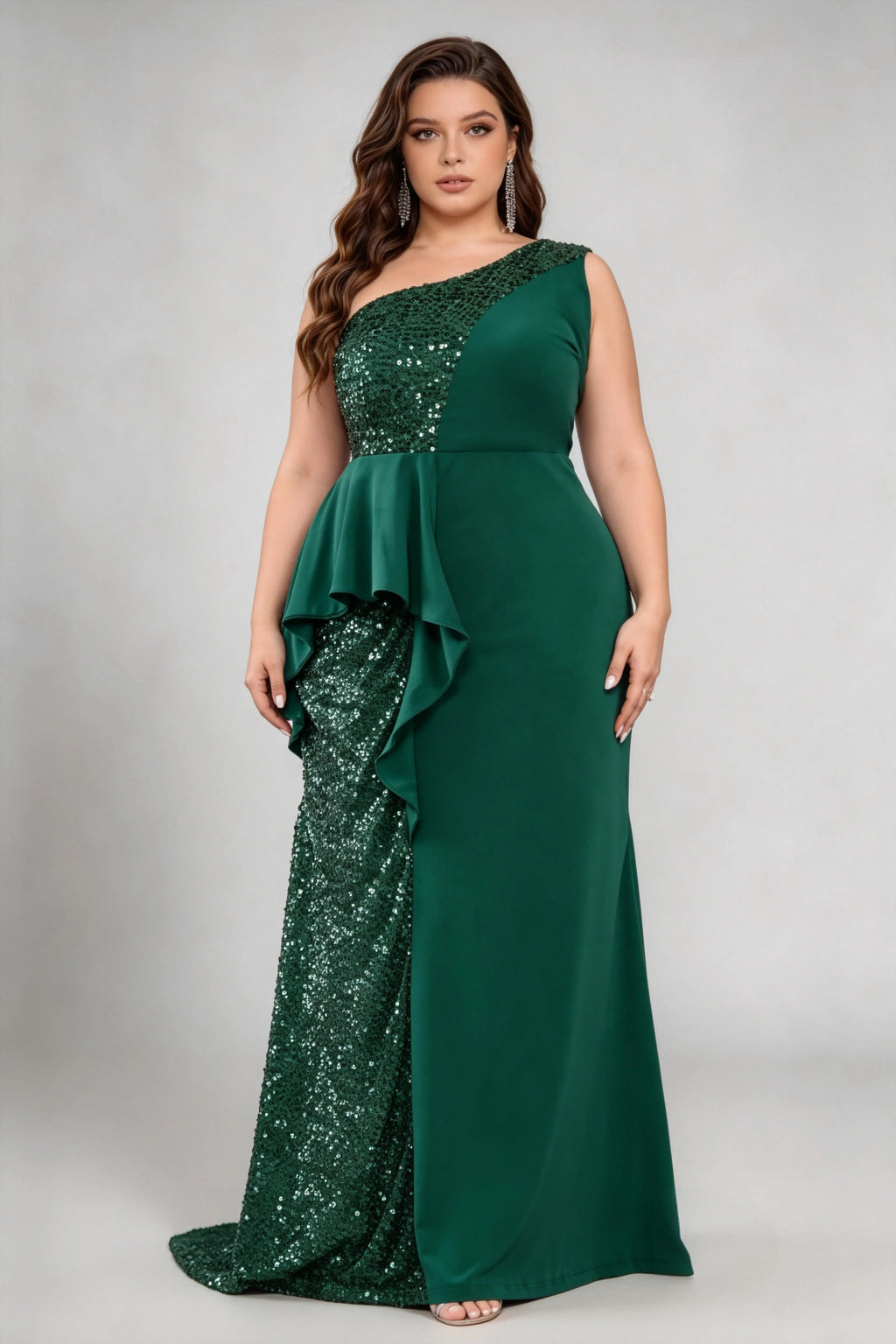 Plus Size Dark Green One Shoulder Colorblock Sequin Ruffle Peplum Mermaid Evening Gown