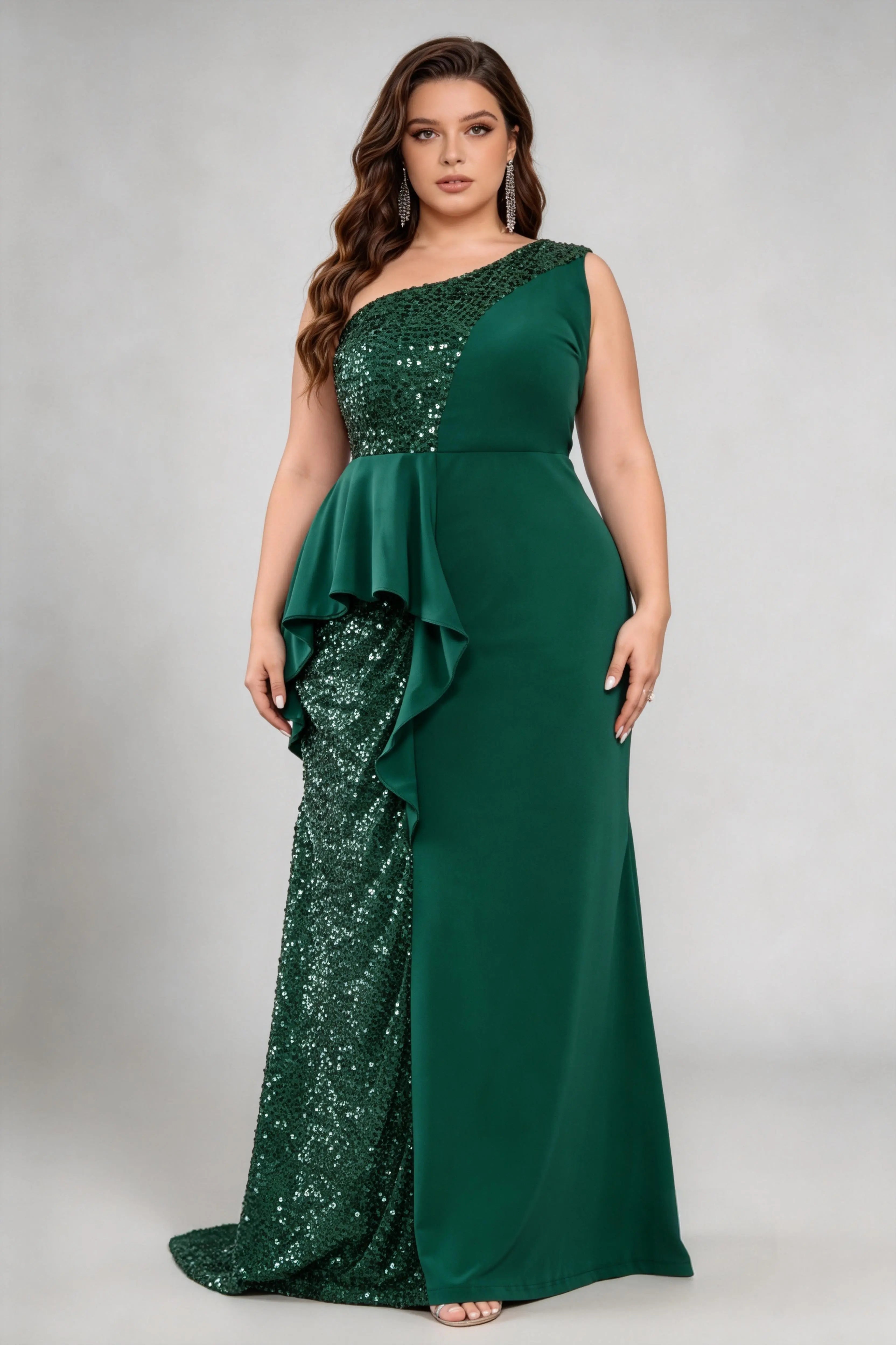 Plus Size Dark Green One Shoulder Colorblock Sequin Ruffle Peplum Mermaid Evening Gown