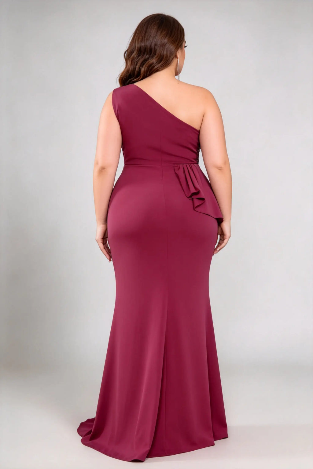 Plus Size Burgundy One Shoulder Colorblock Sequin Ruffle Peplum Mermaid Evening Gown