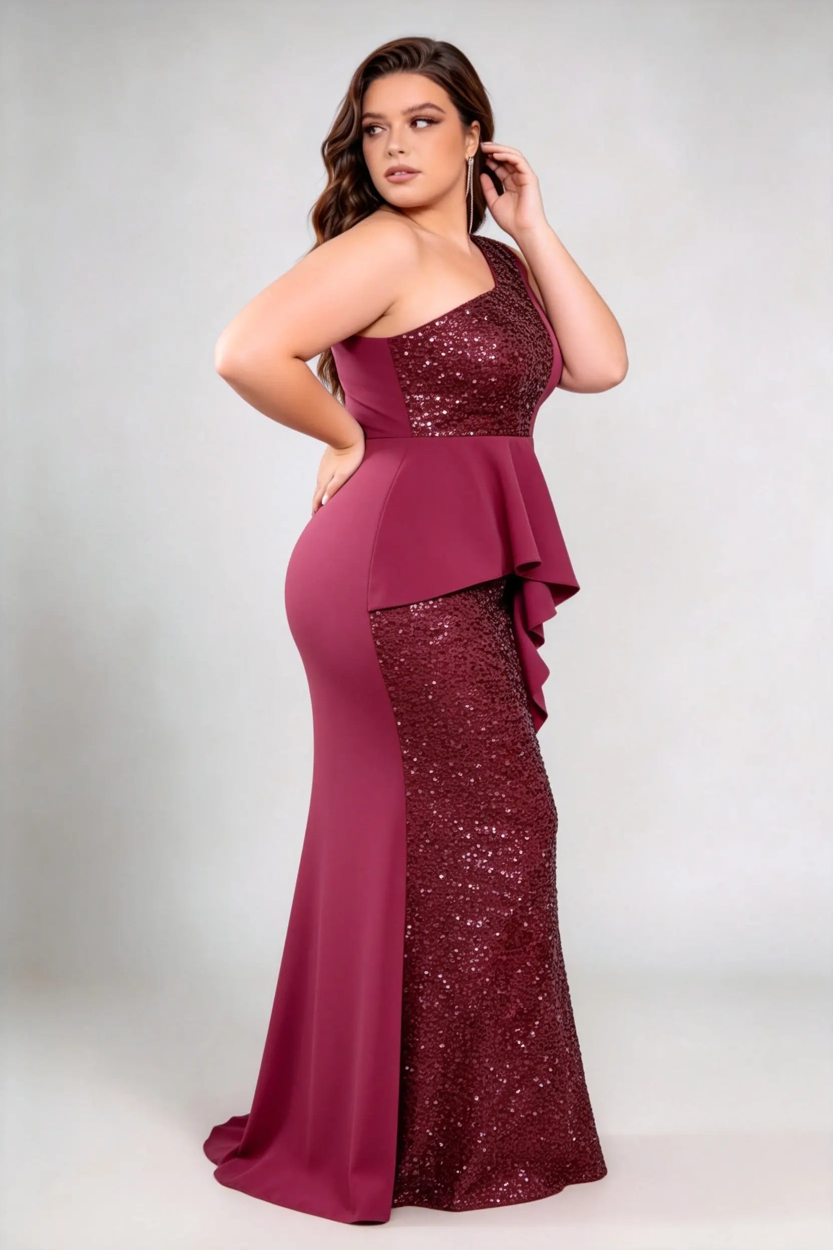 Plus Size Burgundy One Shoulder Colorblock Sequin Ruffle Peplum Mermaid Evening Gown