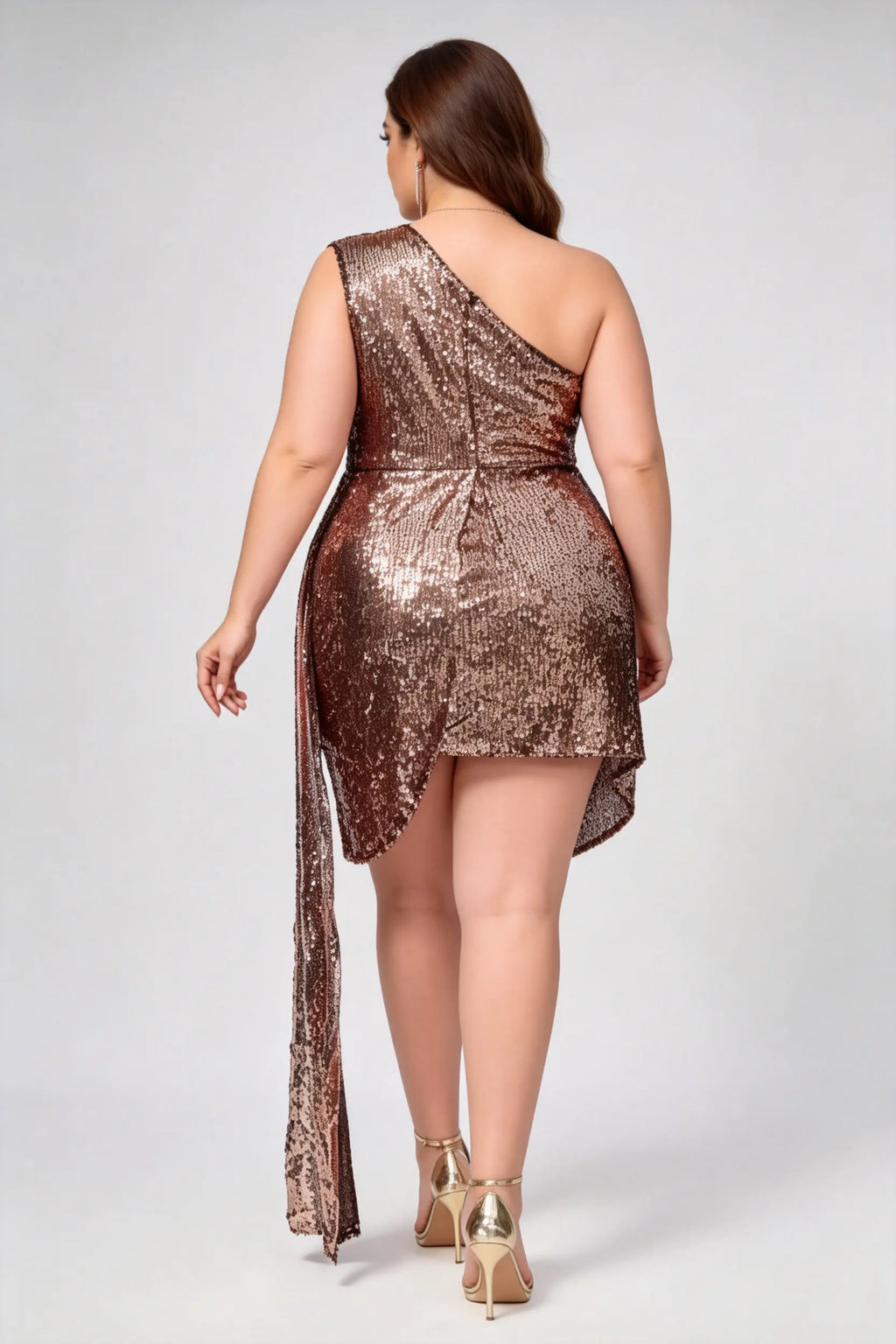 Plus Size Gold Sequin One Shoulder Asymmetric Fitted Wrap Mini Evening Dress