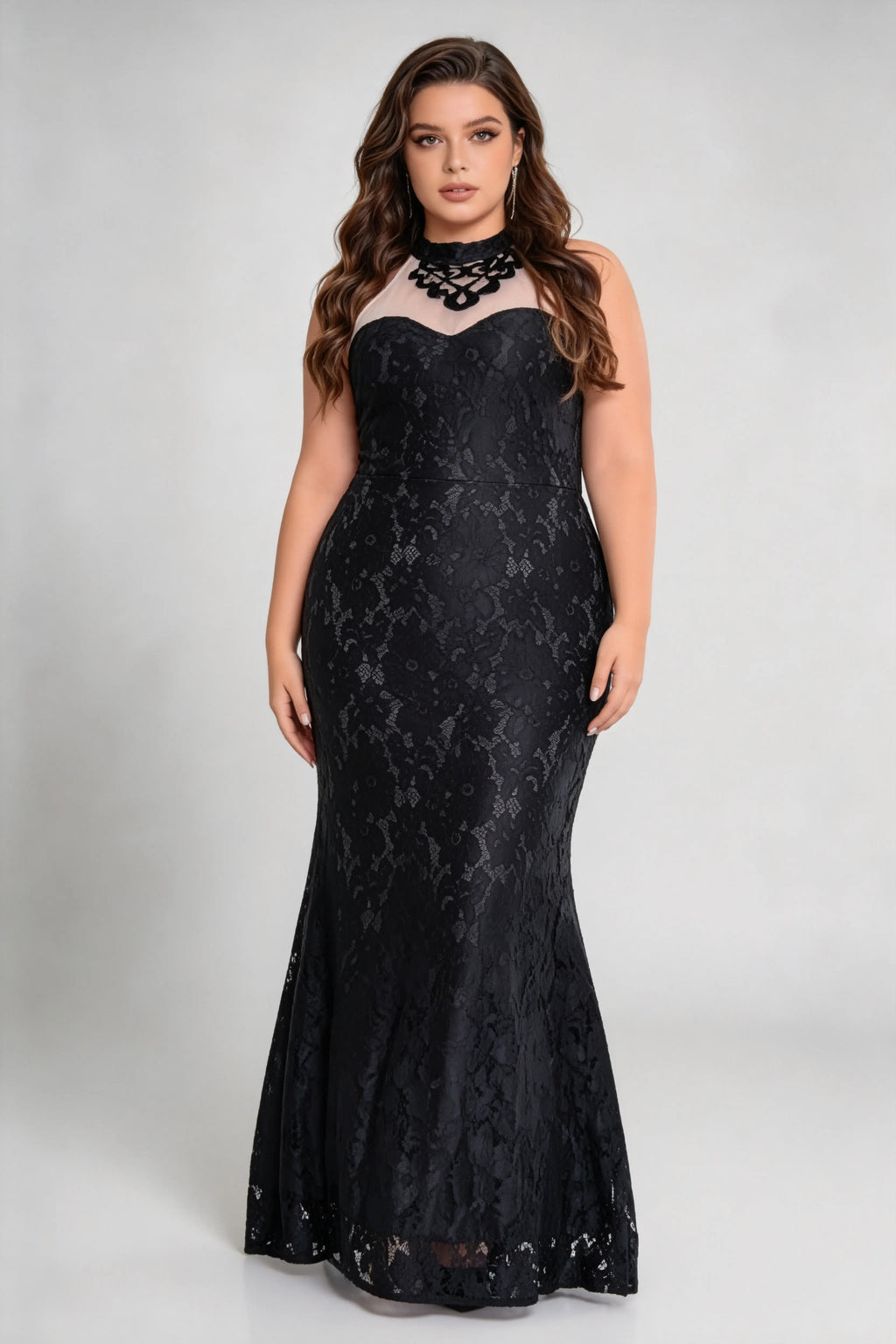 Plus Size Black Lace High Neck Halter Illusion Panel Mermaid Formal Evening Gown