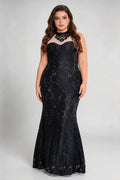 Plus Size Black Lace High Neck Halter Illusion Panel Mermaid Formal Evening Gown