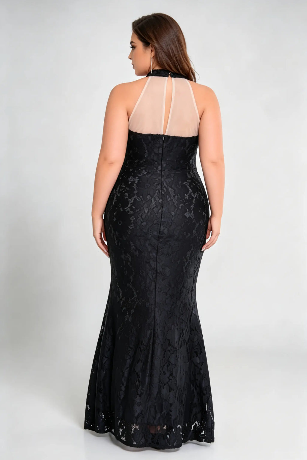 Plus Size Black Lace High Neck Halter Illusion Panel Mermaid Formal Evening Gown