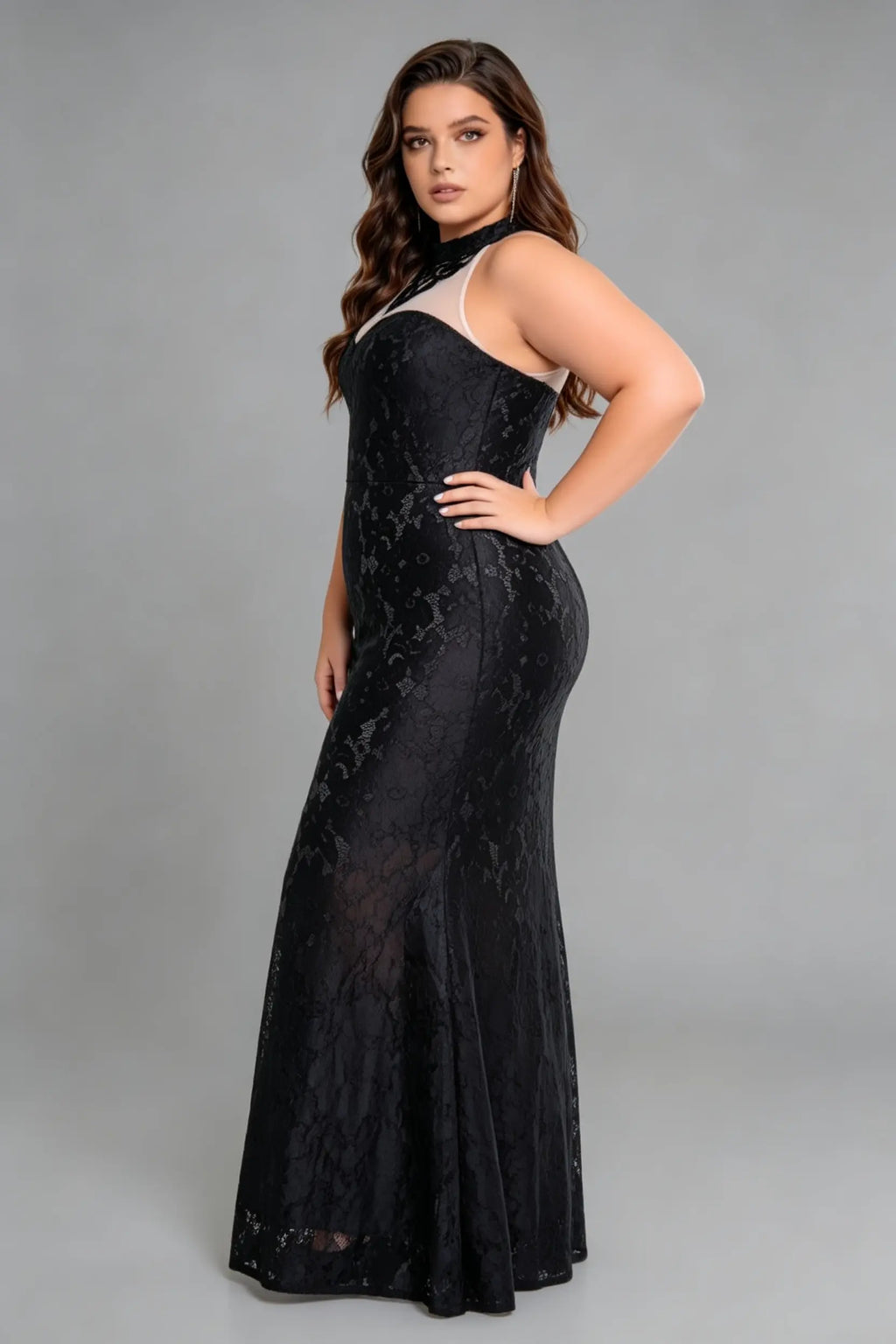 Plus Size Black Lace High Neck Halter Illusion Panel Mermaid Formal Evening Gown