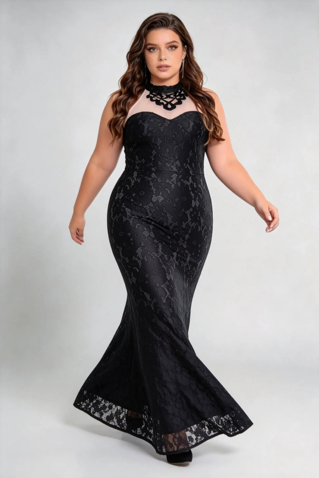 Plus Size Black Lace High Neck Halter Illusion Panel Mermaid Formal Evening Gown