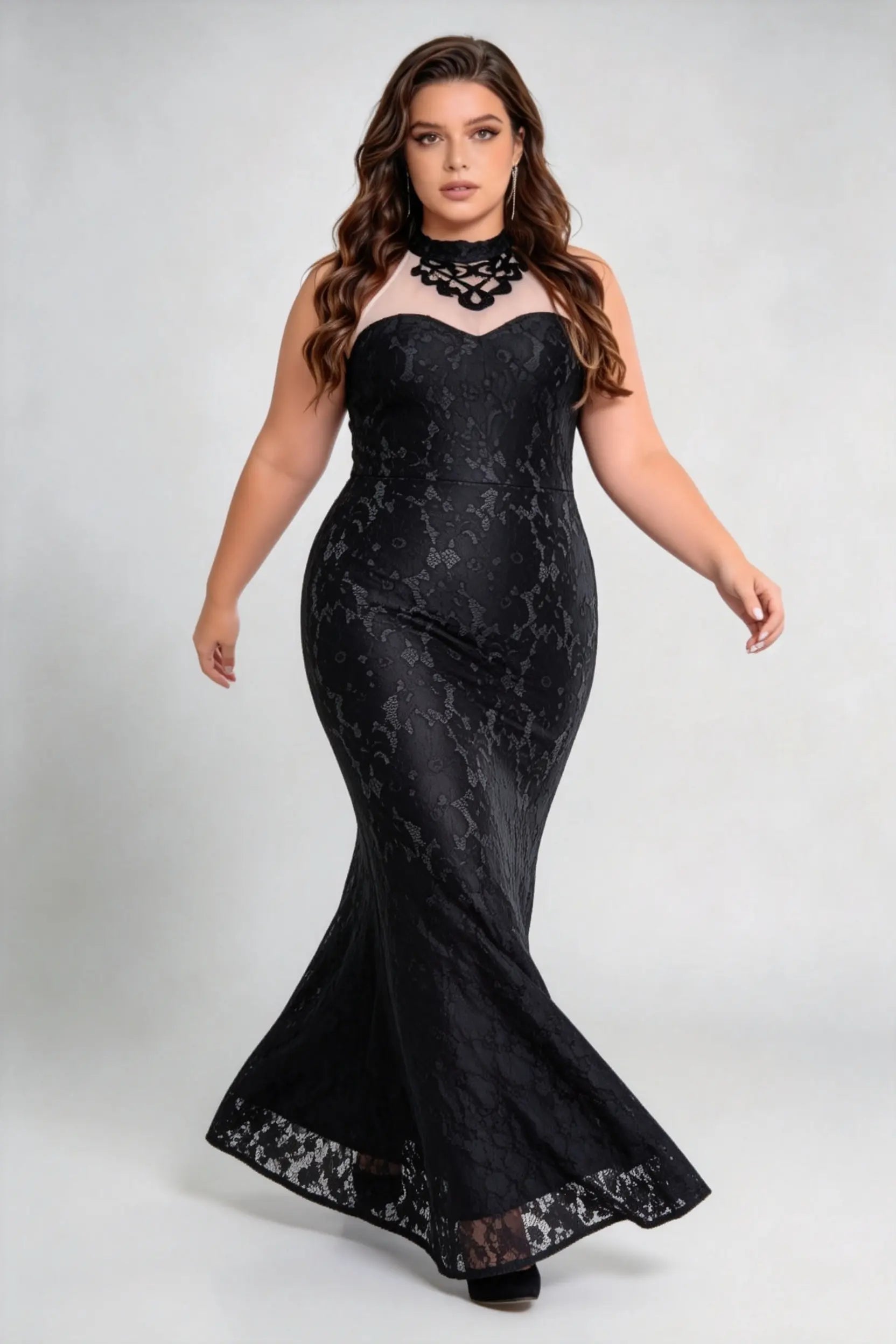 plus size black fishtail dress Plus Size Black Glitter Mermaid Gown with Illusion Neckline – Curve-Hugging  Formal Dress CDCM365C