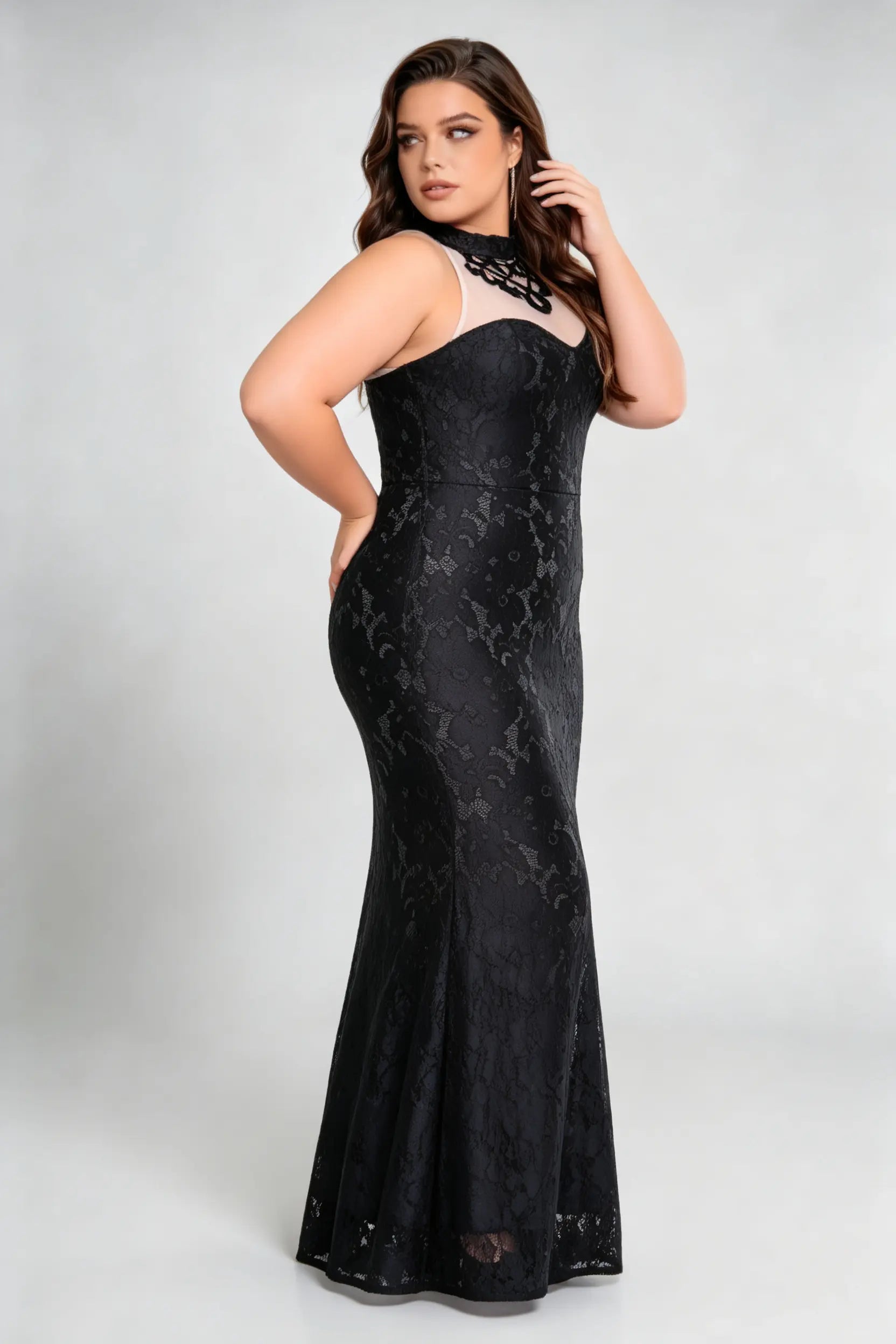 Plus Size Black Lace High Neck Halter Illusion Panel Mermaid Formal Evening Gown