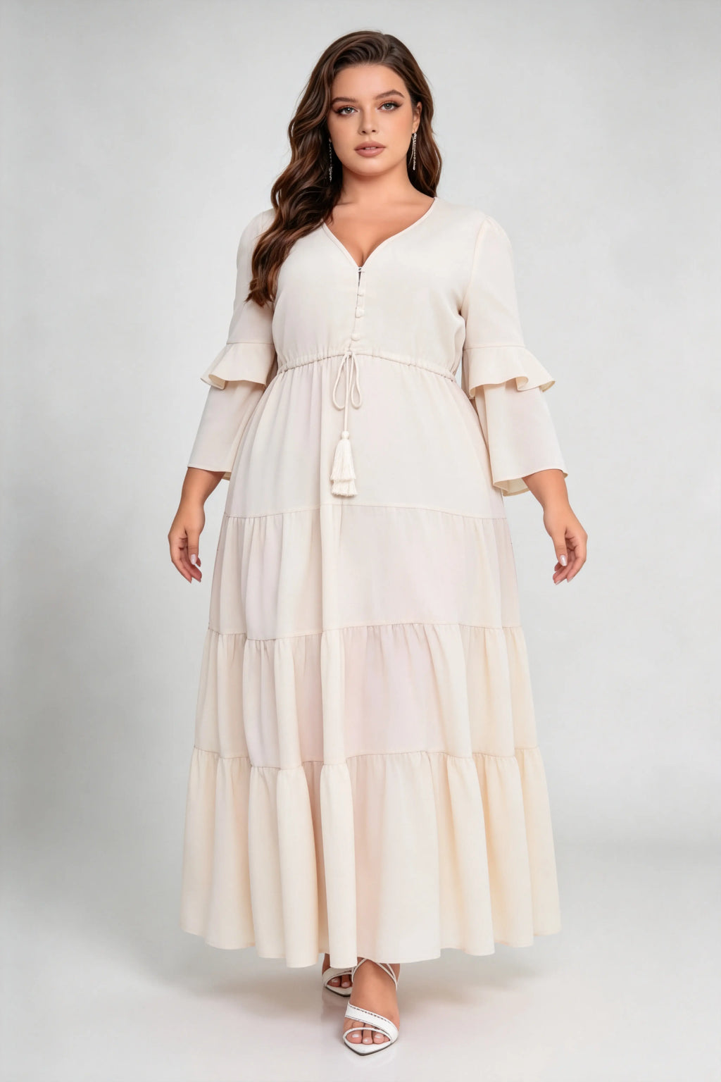 Plus Size Cream V-Neck Ruffled Sleeve Drawstring Waist Tiered A-Line Maxi Dress
