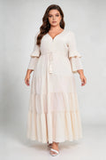 Plus Size Cream V-Neck Ruffled Sleeve Drawstring Waist Tiered A-Line Maxi Dress