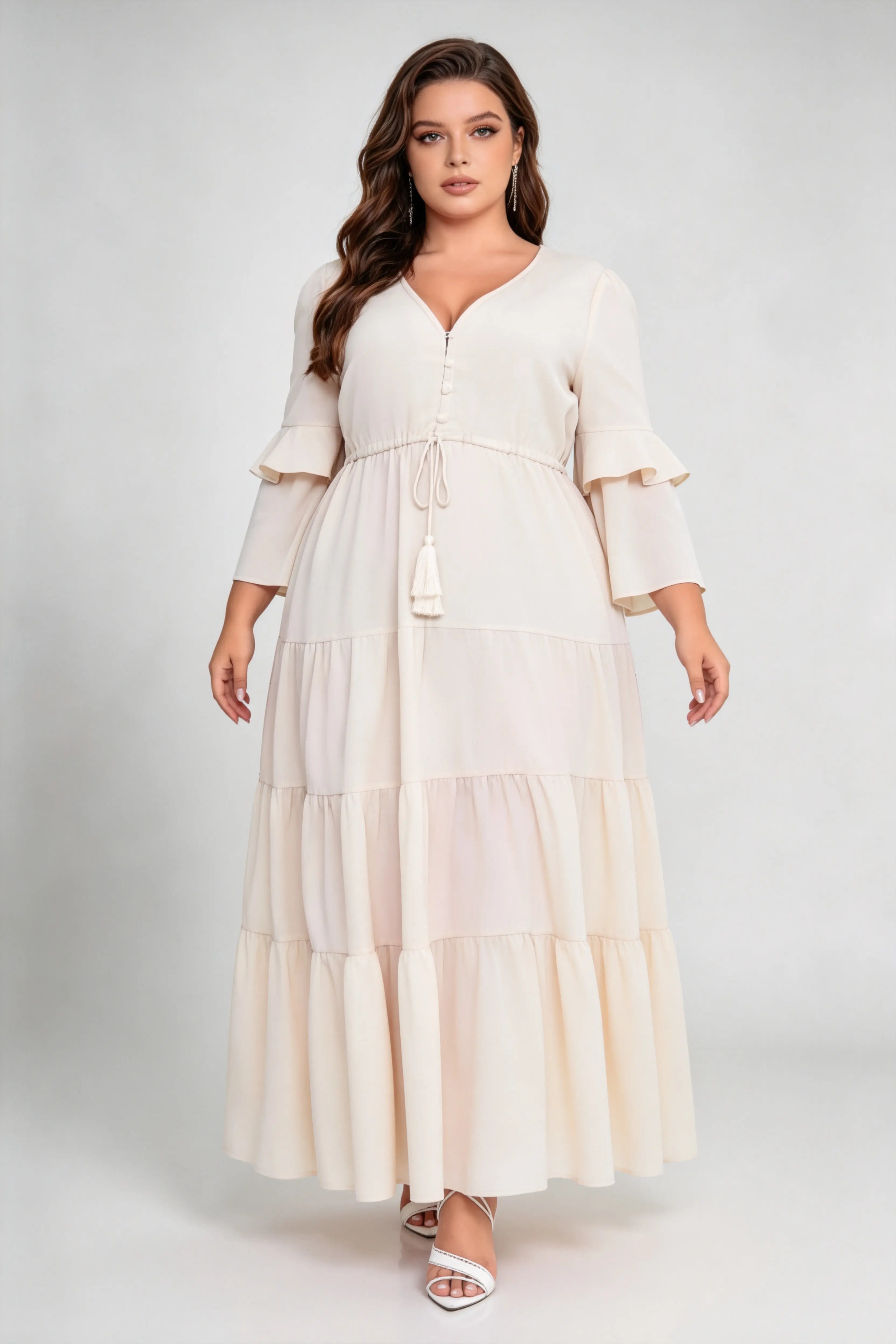 Plus Size Cream V-Neck Ruffled Sleeve Drawstring Waist Tiered A-Line Maxi Dress