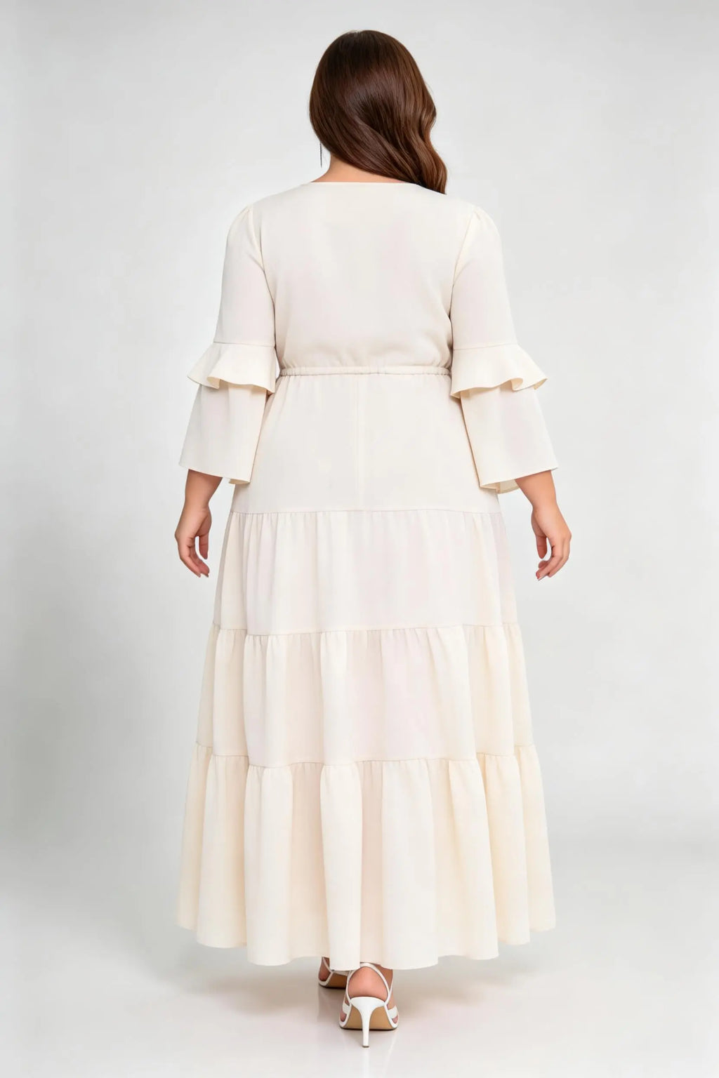 Plus Size Cream V-Neck Ruffled Sleeve Drawstring Waist Tiered A-Line Maxi Dress