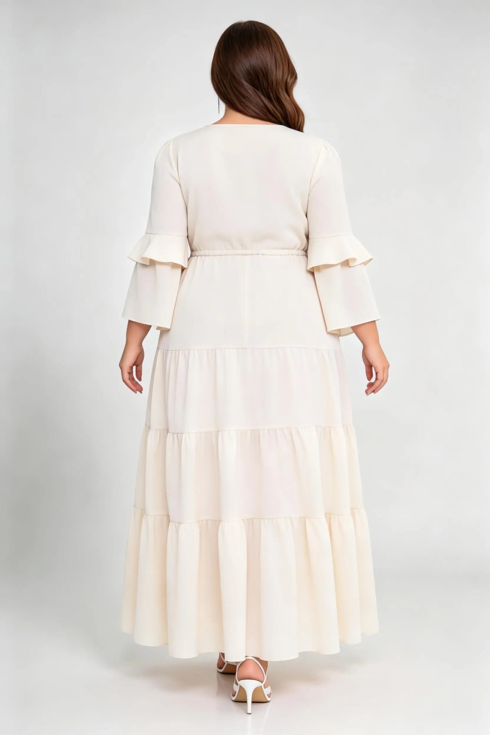 Plus Size Cream V-Neck Ruffled Sleeve Drawstring Waist Tiered A-Line Maxi Dress