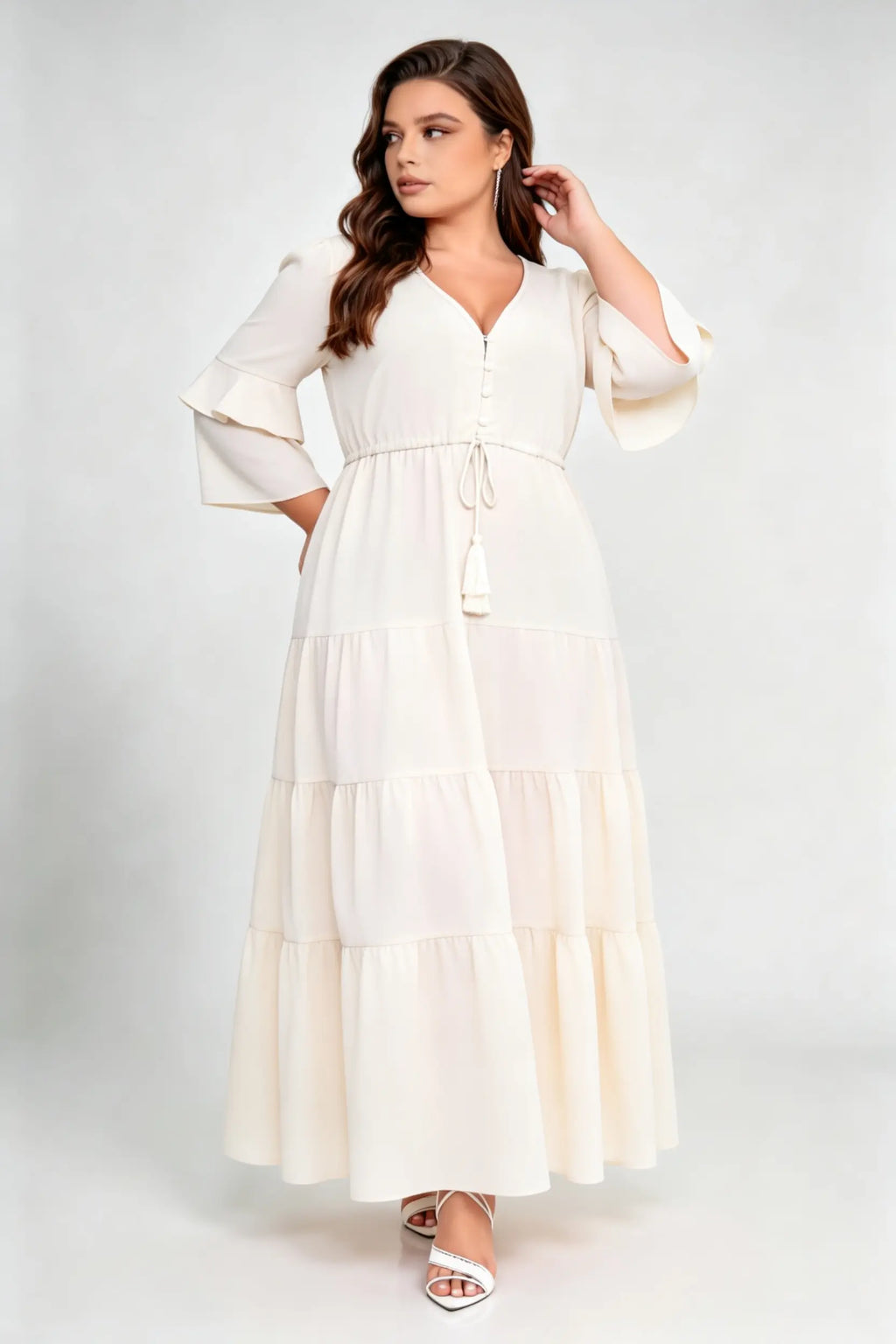 Plus Size Cream V-Neck Ruffled Sleeve Drawstring Waist Tiered A-Line Maxi Dress