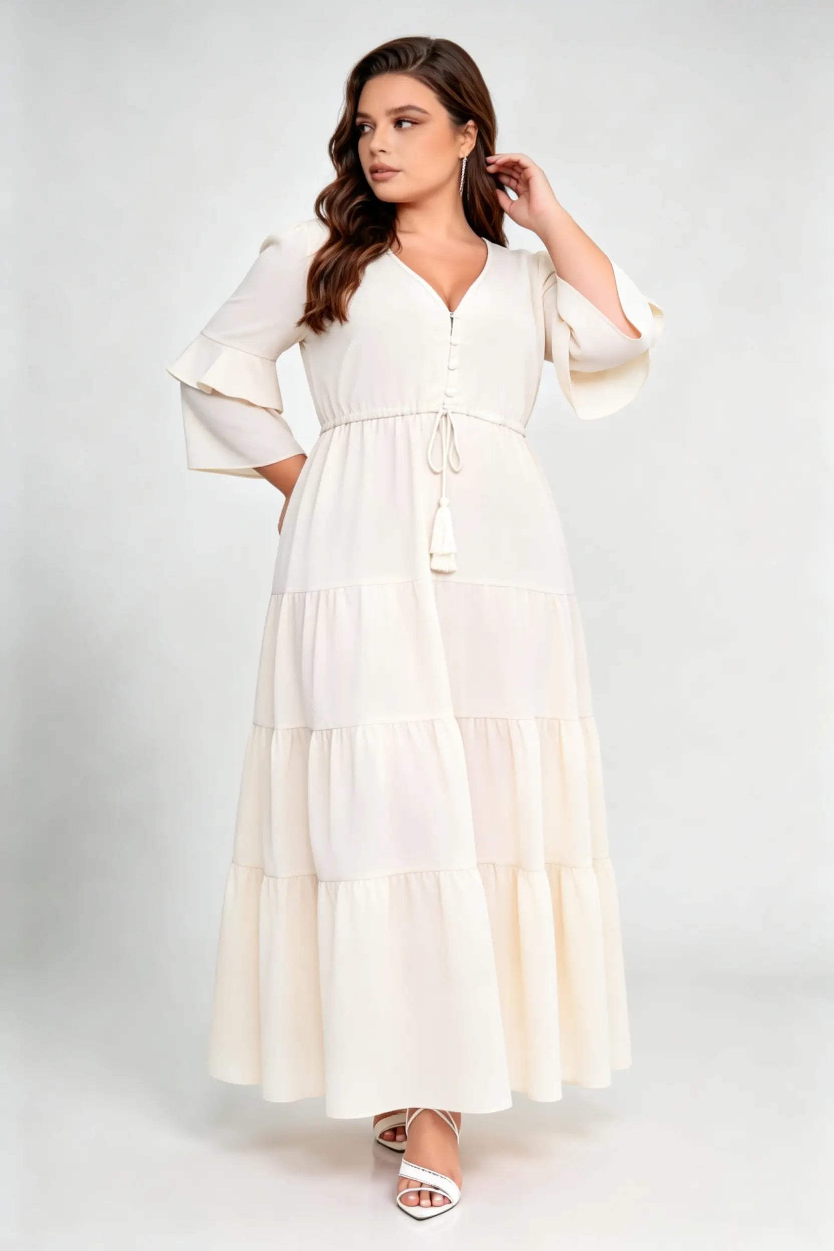 Plus Size Cream V-Neck Ruffled Sleeve Drawstring Waist Tiered A-Line Maxi Dress