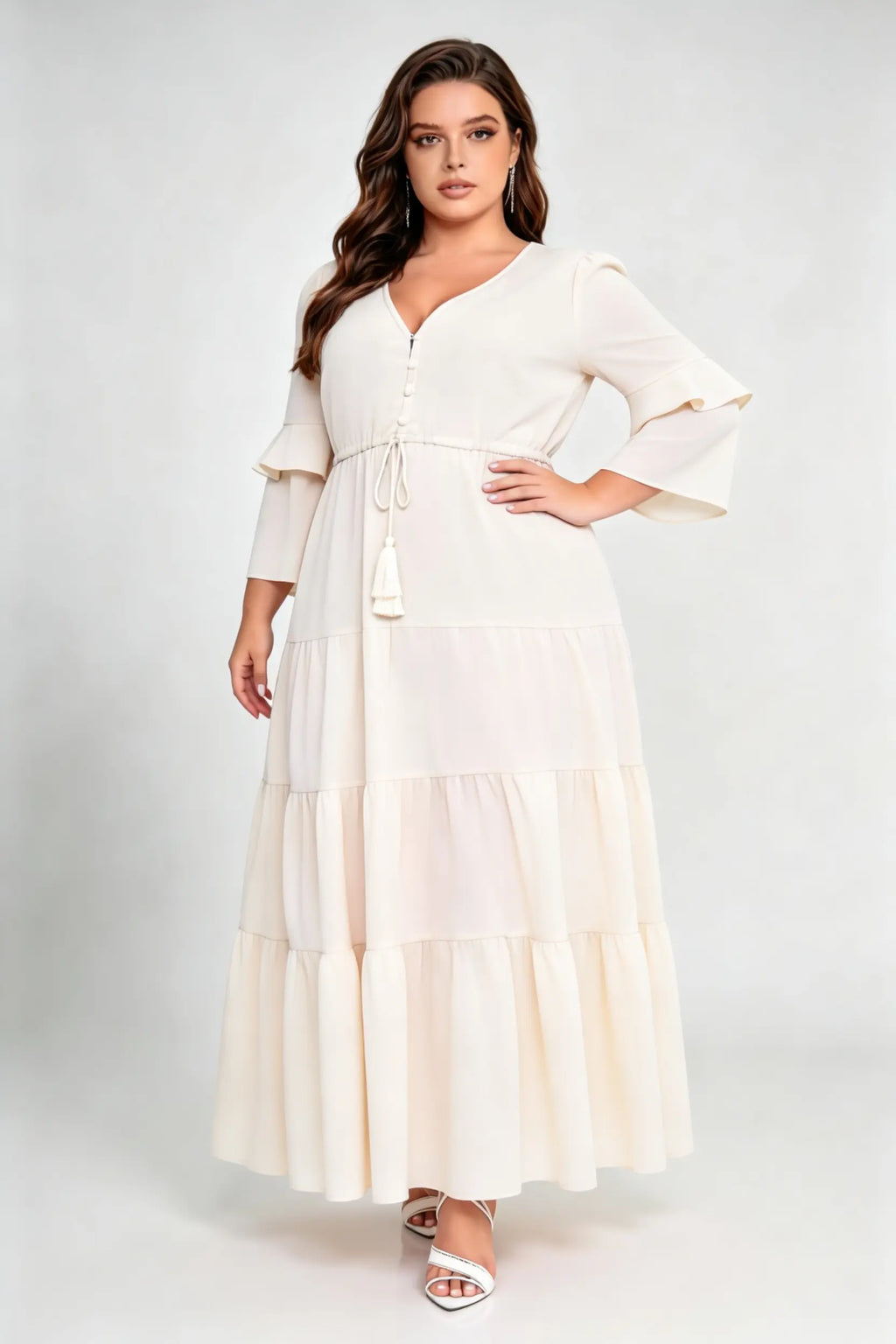 Plus Size Cream V-Neck Ruffled Sleeve Drawstring Waist Tiered A-Line Maxi Dress
