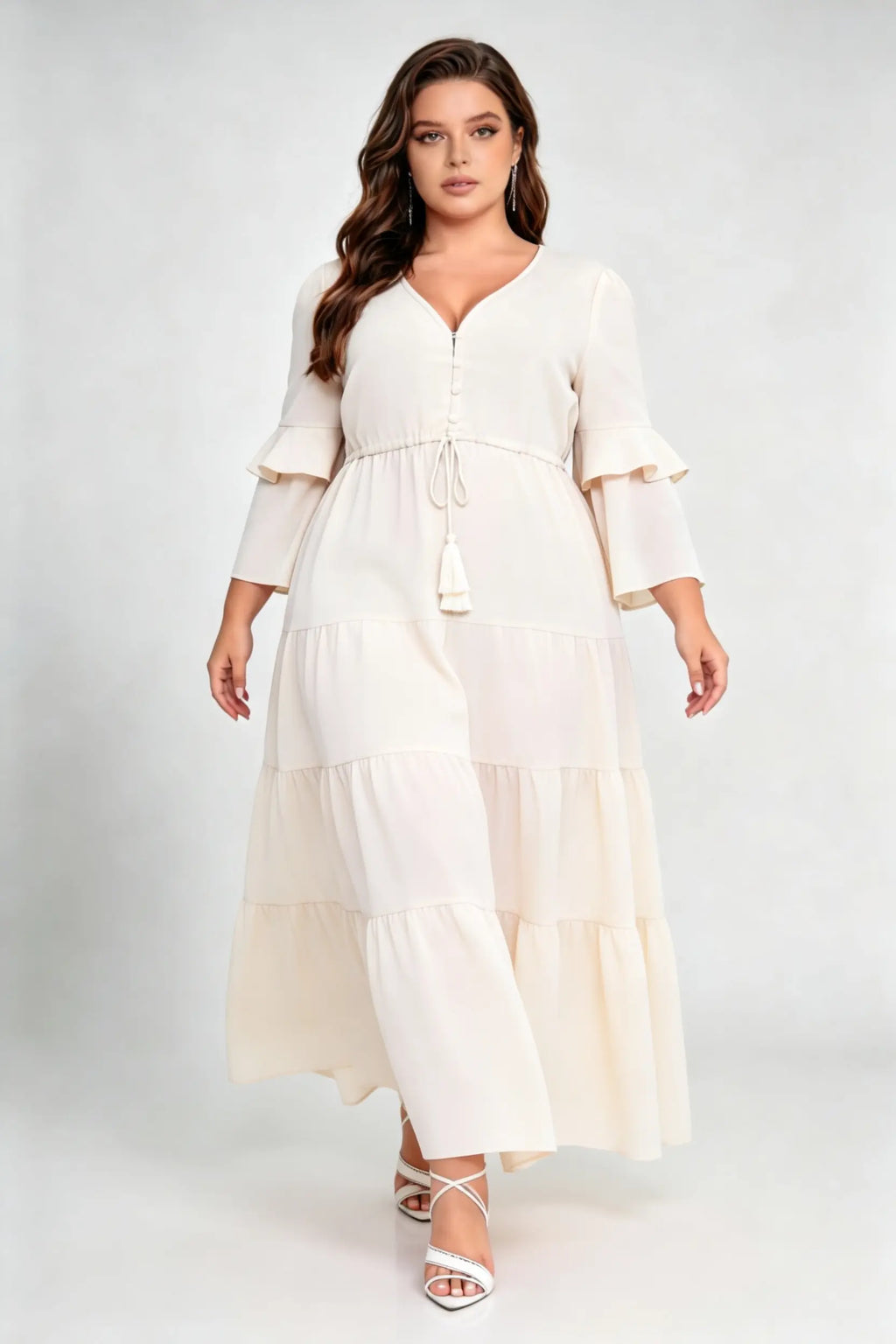 Plus Size Cream V-Neck Ruffled Sleeve Drawstring Waist Tiered A-Line Maxi Dress
